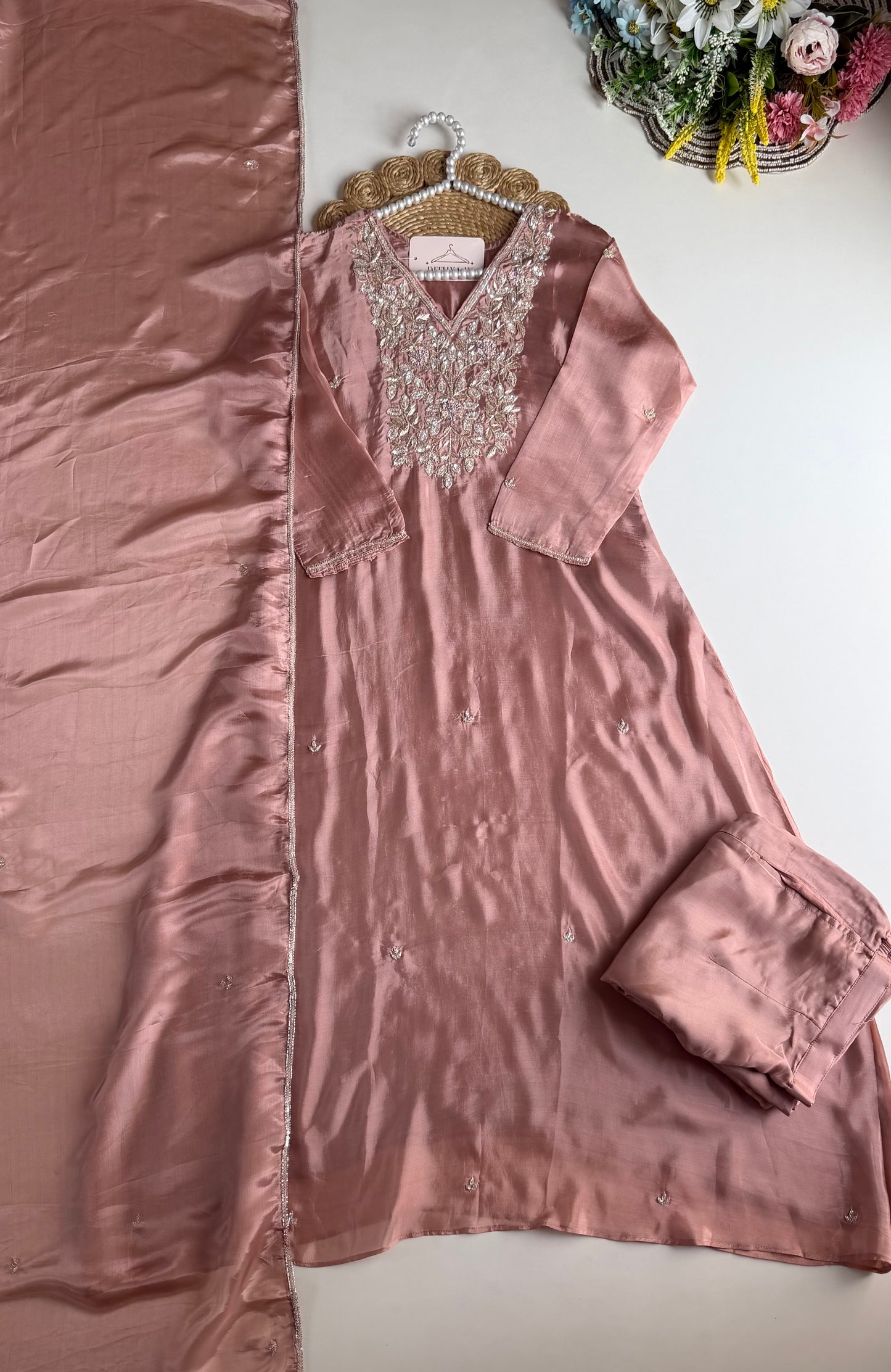 K597 - HO silk handwork Aline Kurti with pants and dupatta