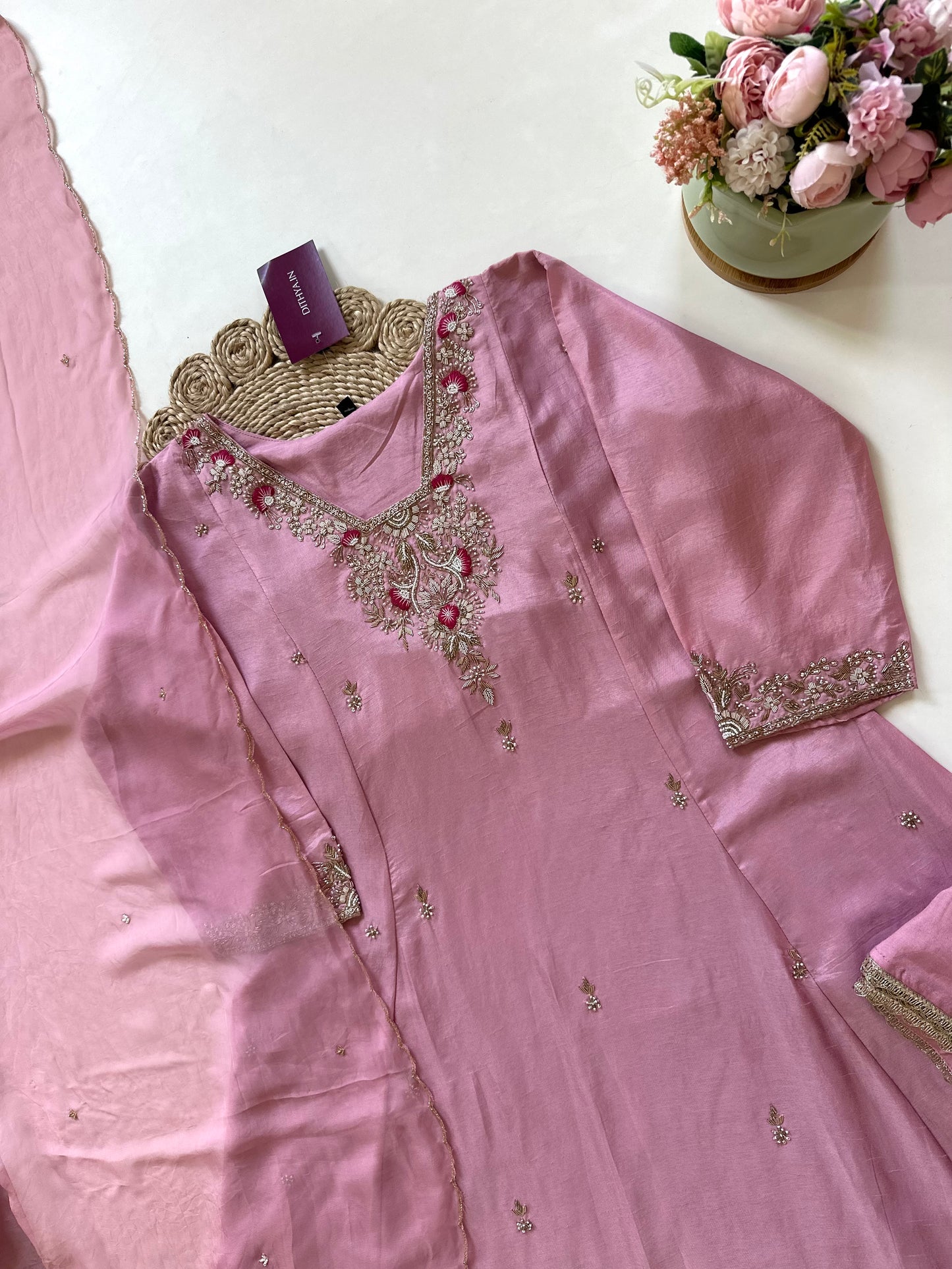 K272 - Russian silk handwork Anarkali with palazzo pants and dupatta .