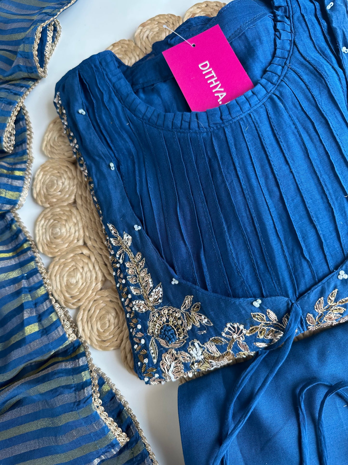 K102 - Mul Chanderi handwork Aline Kurti with pants and dupatta in 2 colours
