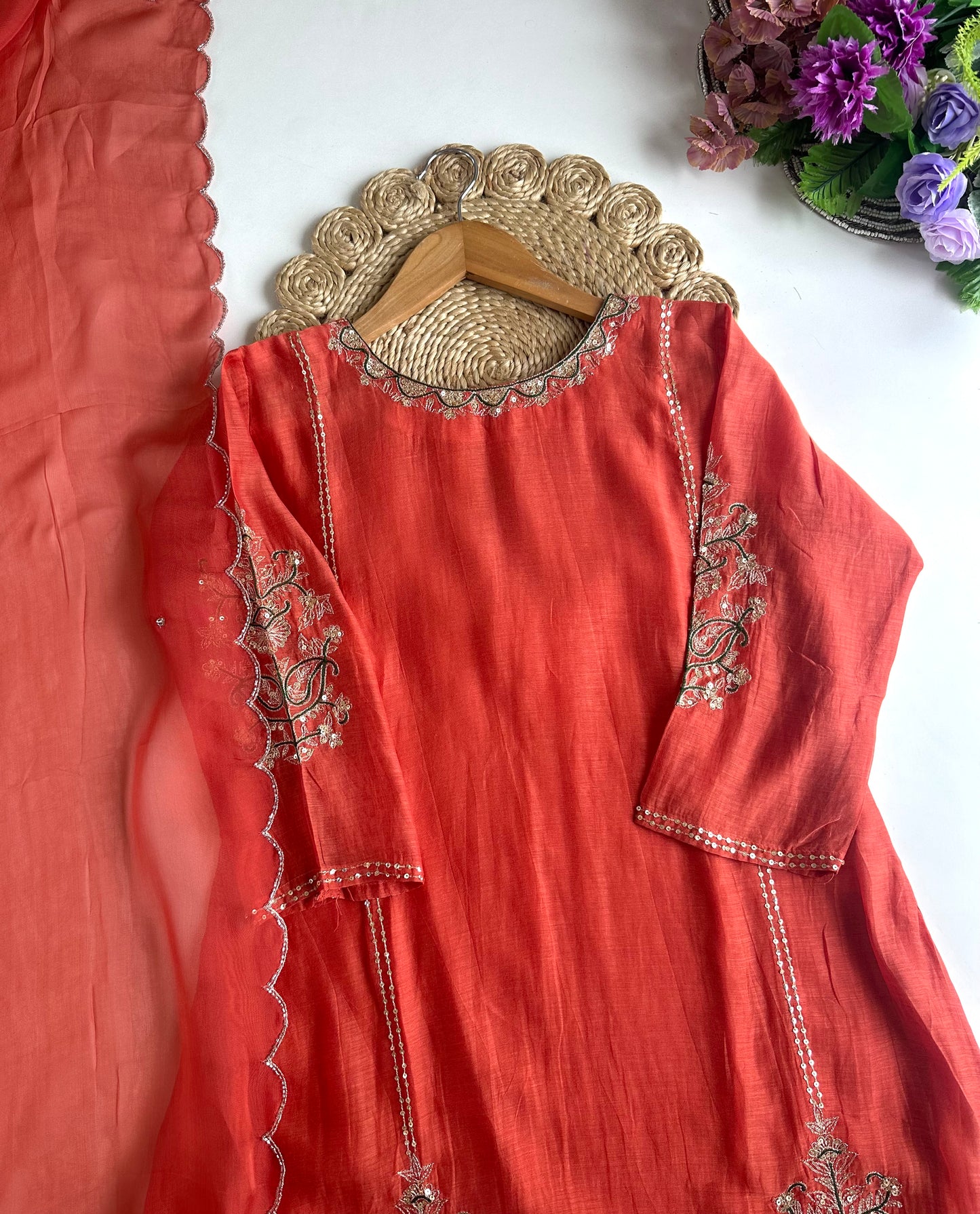K010 - Mul Chanderi handwork Aline Kurti with pants and dupatta