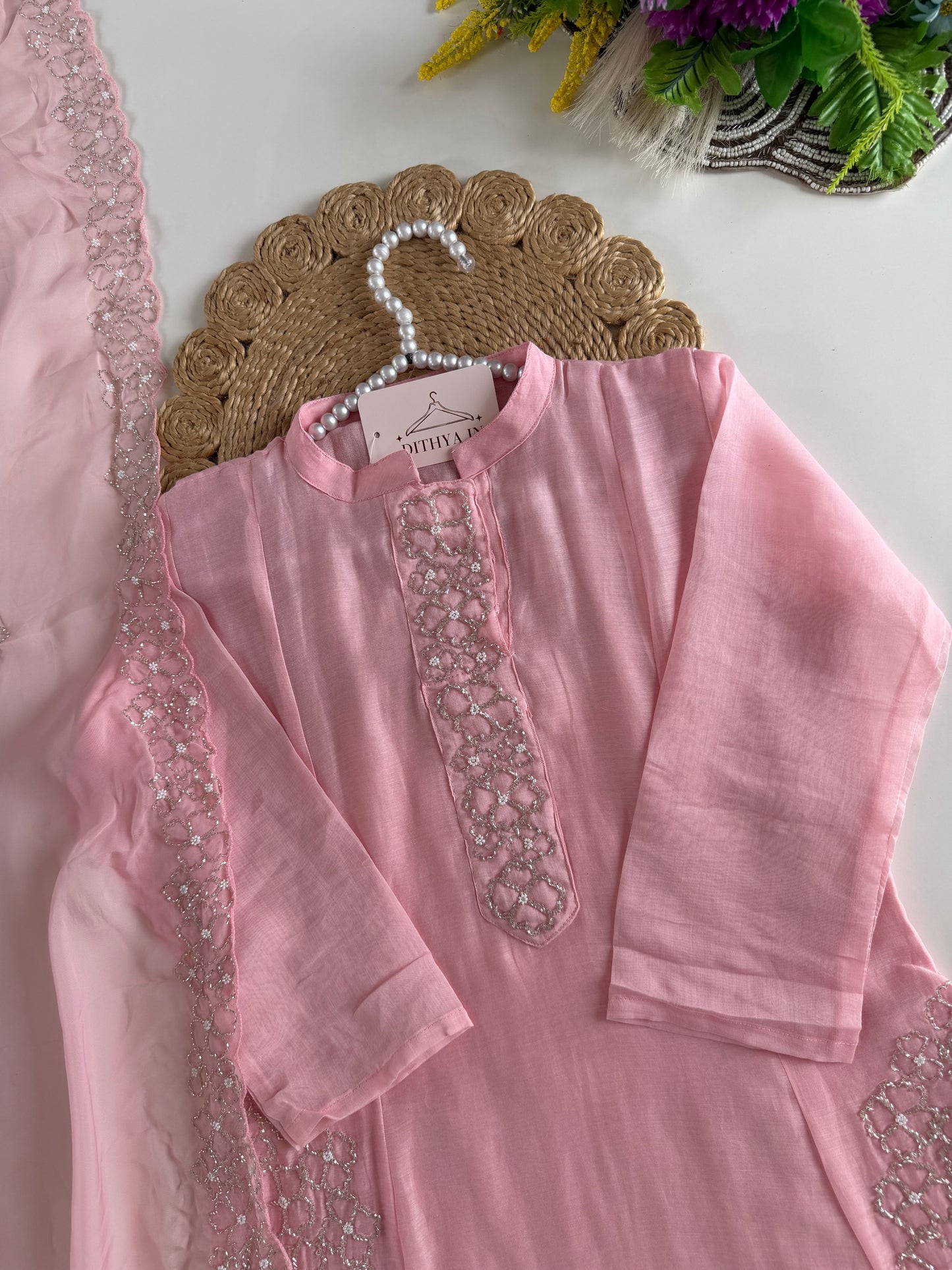 K283 - Mul chanderi handwork aline Kurti with pants and dupatta