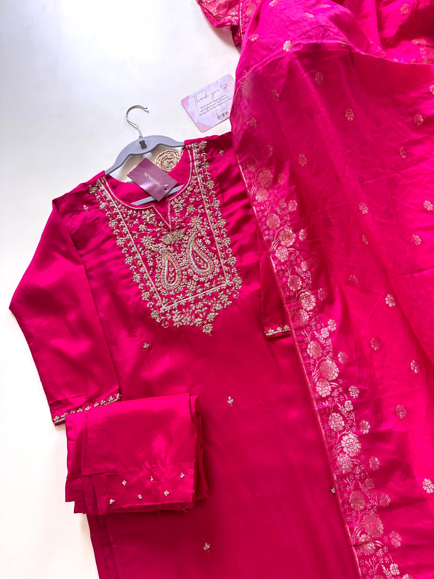 K236 - Russian silk handwork straight kurti with pants and Banarasi silk dupatta.