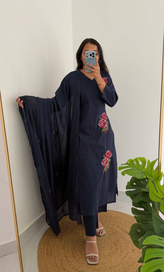 K576 - Mul cotton embroidered straight Kurti with pants and dupatta