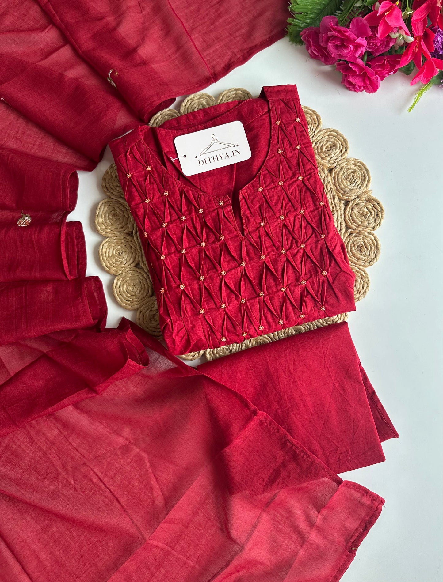 K733 - Mul cotton embroidered Anarkali with pants and dupatta