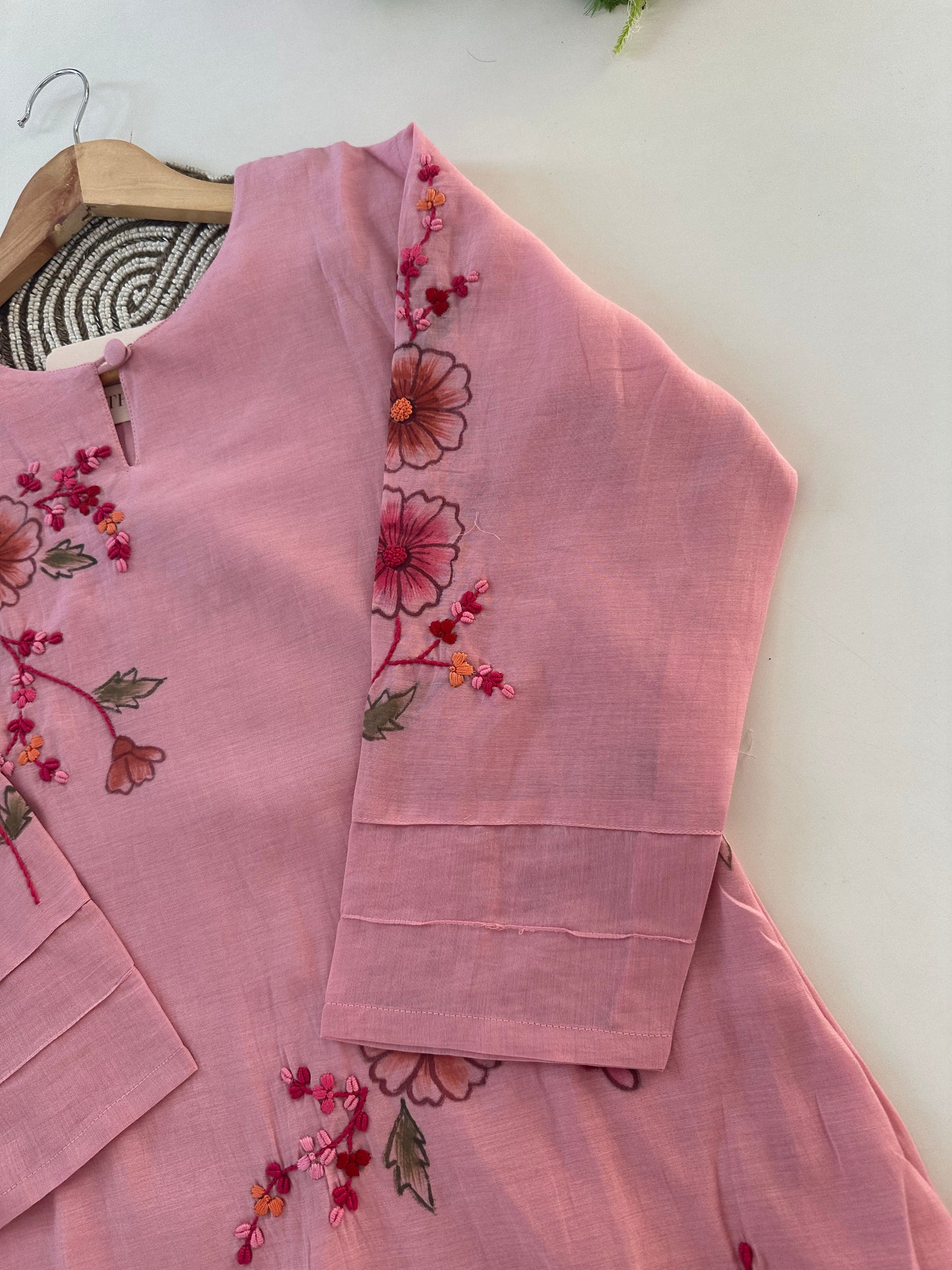 K380 - Mul chanderi hand painted and embroidered aline Kurti with pants and dupatta