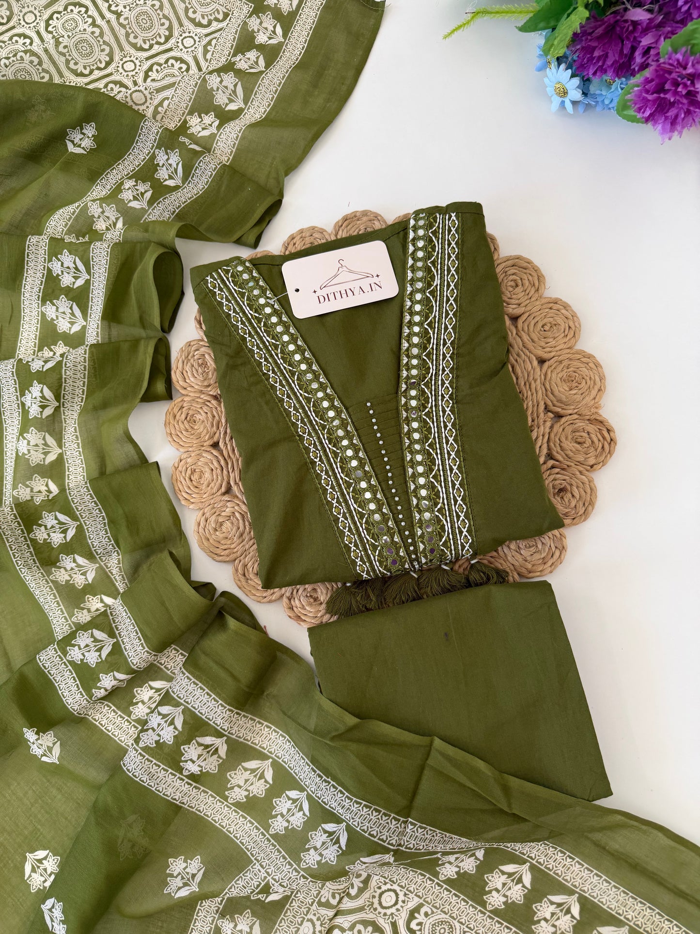 K259 - Mul cotton embroidered Aline Kurti with pants and dupatta