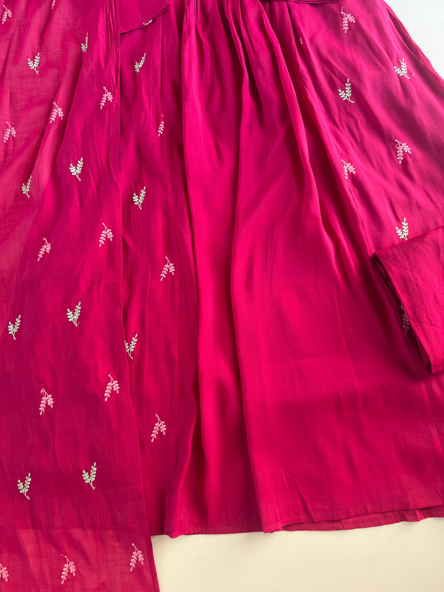 K477 - Mul chanderi appliqué work embroidered Anarkali with pants and dupatta