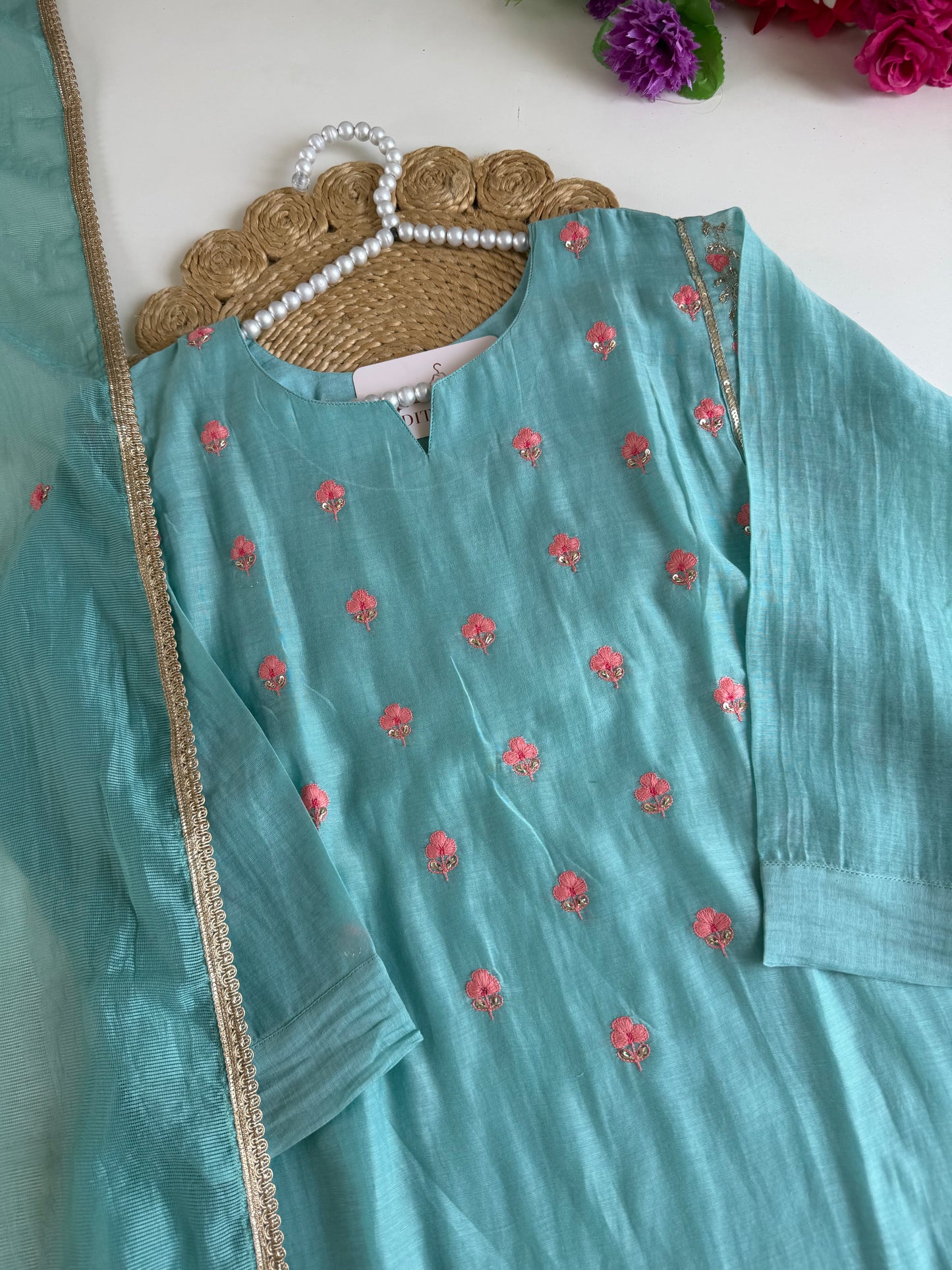 K644 - Mul chanderi handwork Anarkali with pants and dupatta