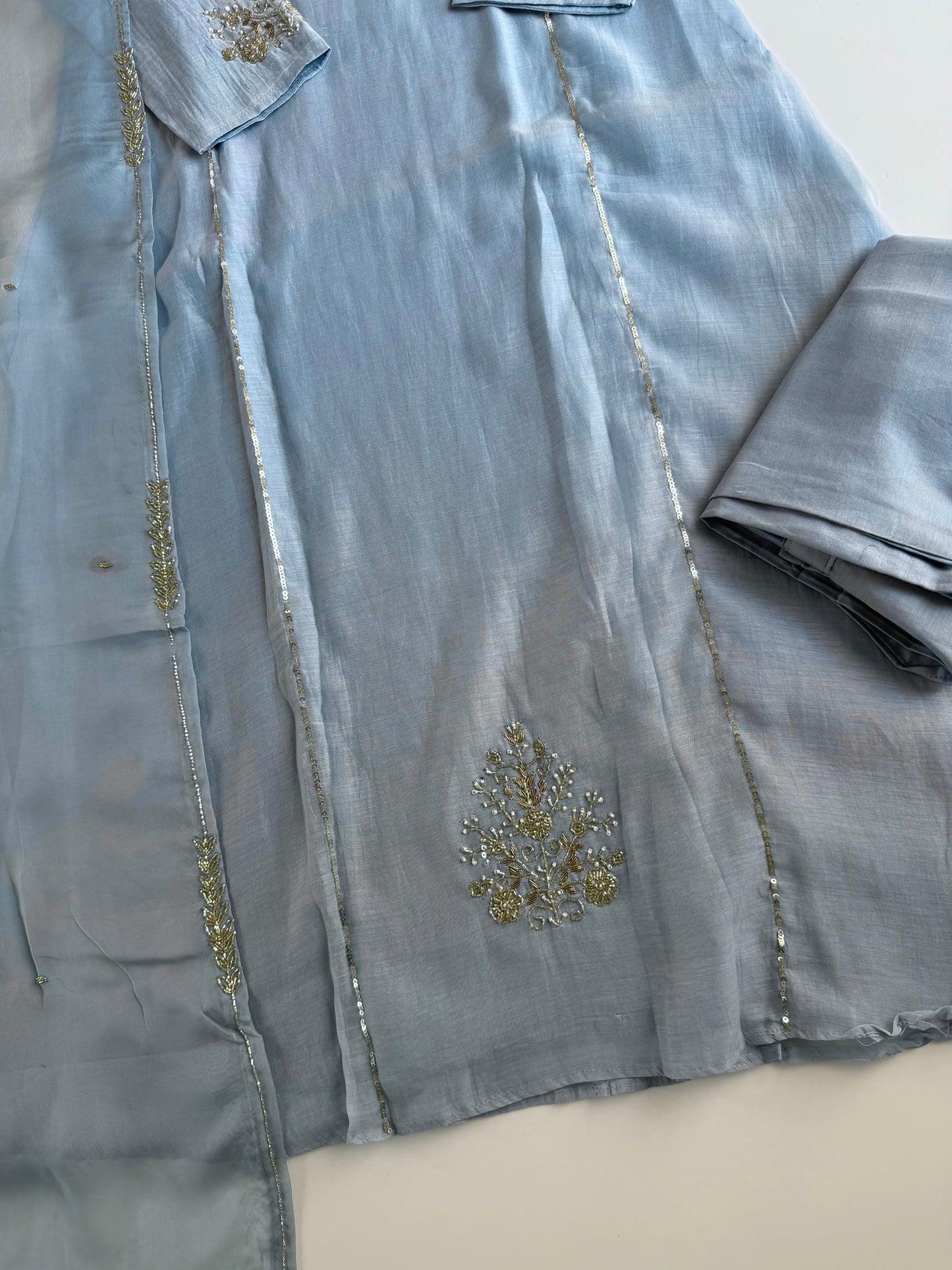 K108 - Mul chanderi handwork aline Kurti with pants and dupatta