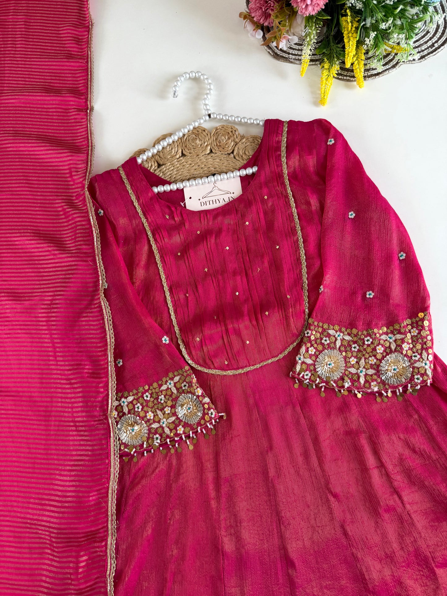 K475 - Tissue silk handwork Anarkali with pants and dupatta