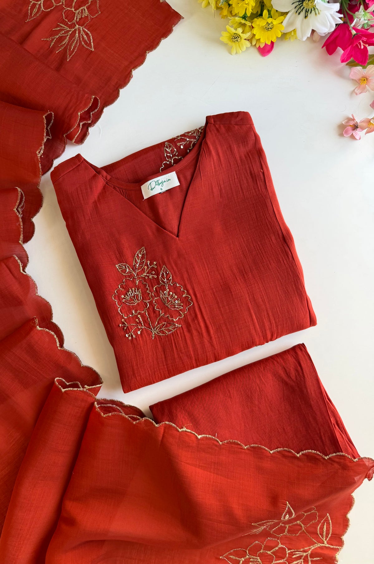 K306 - Surat Mul chanderi dabka work aline Kurti with pants and dupatta