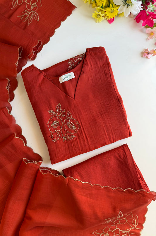 K306 - Surat Mul chanderi dabka work aline Kurti with pants and dupatta