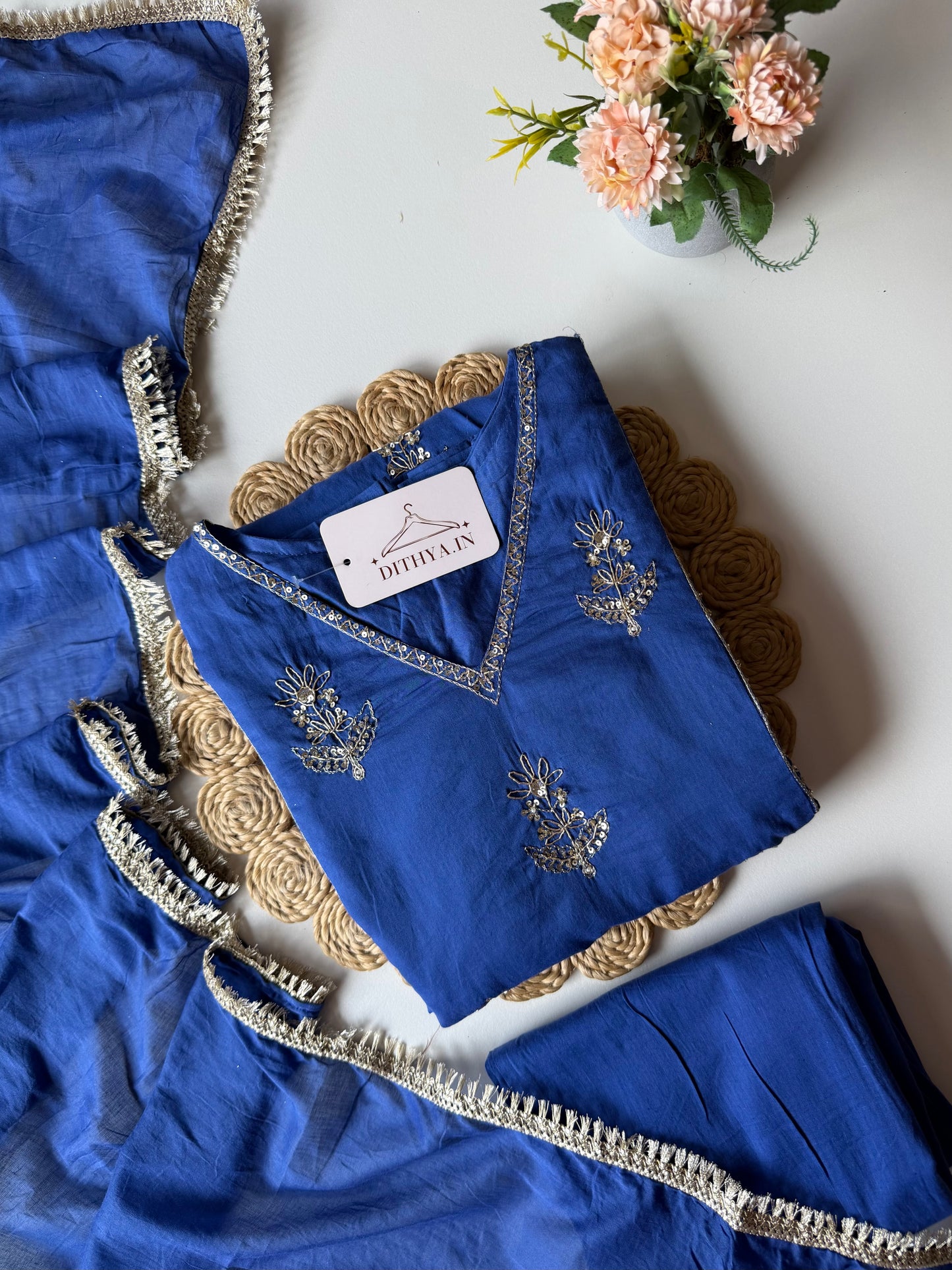 K619 - Mul chanderi handwork Anarkali with pants and dupatta