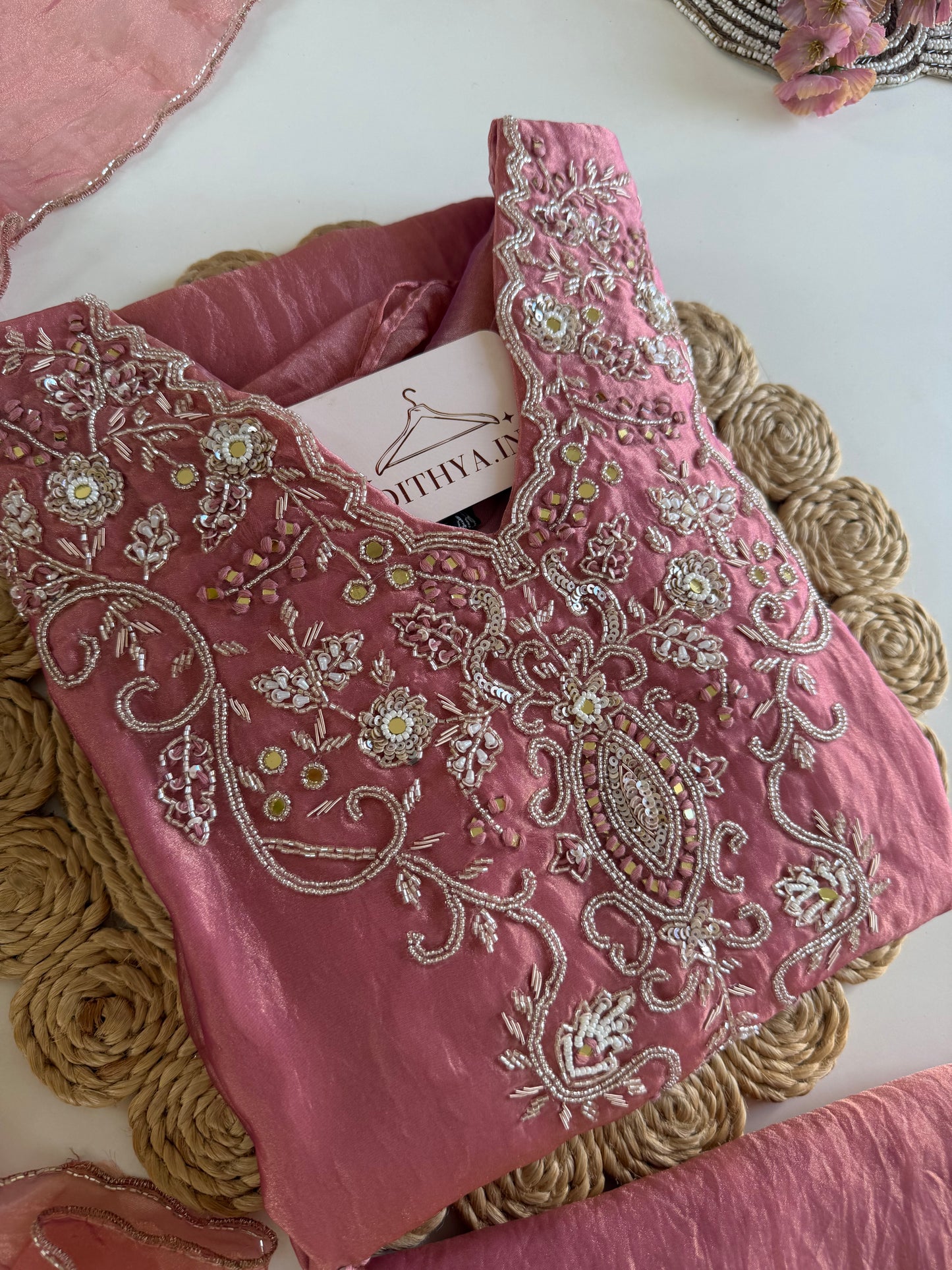 K599 -Glass tissue silk handwork aline Kurti with pants and dupatta