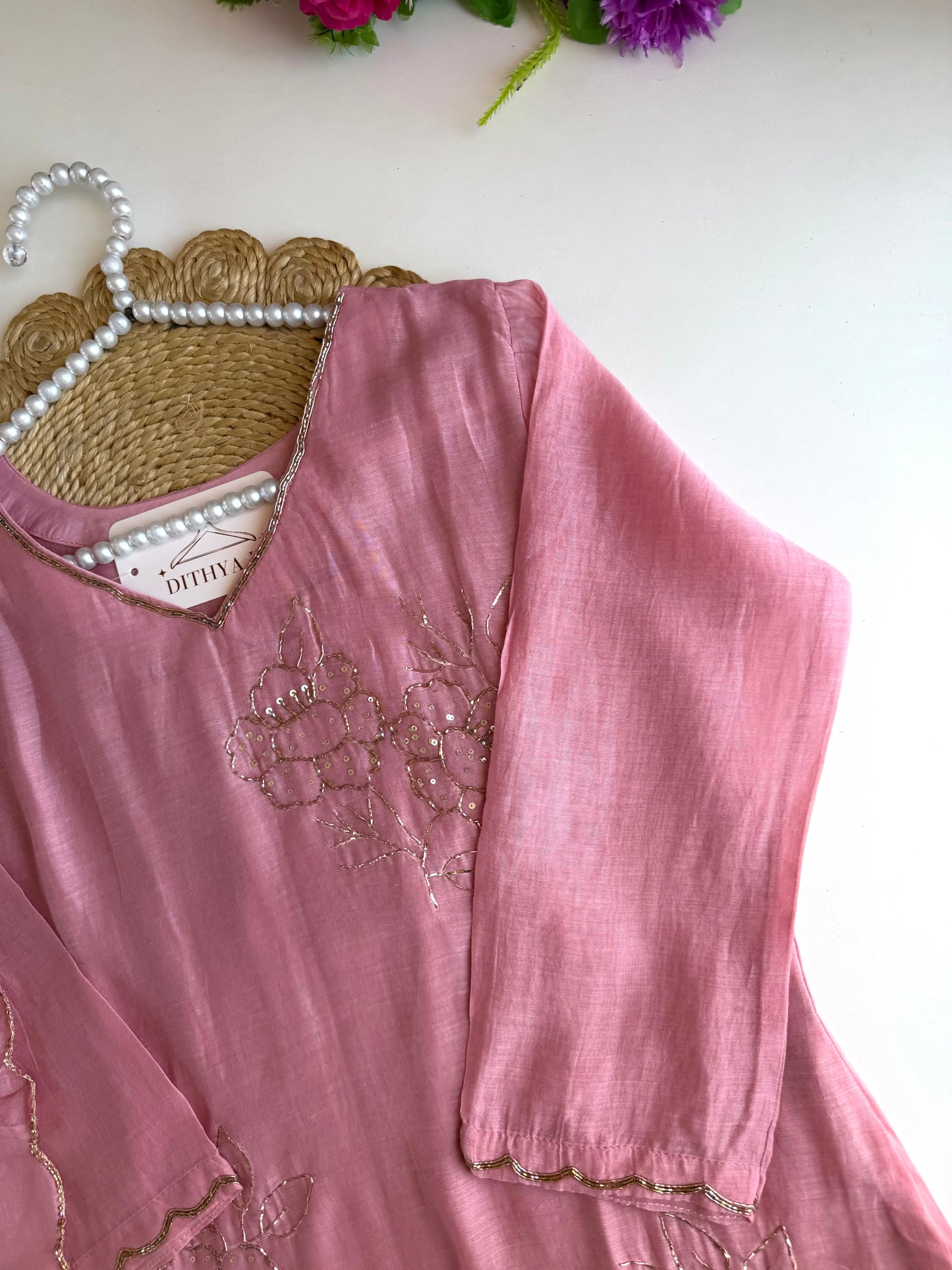 K103 - Mul chanderi handwork aline Kurti with pants and dupatta