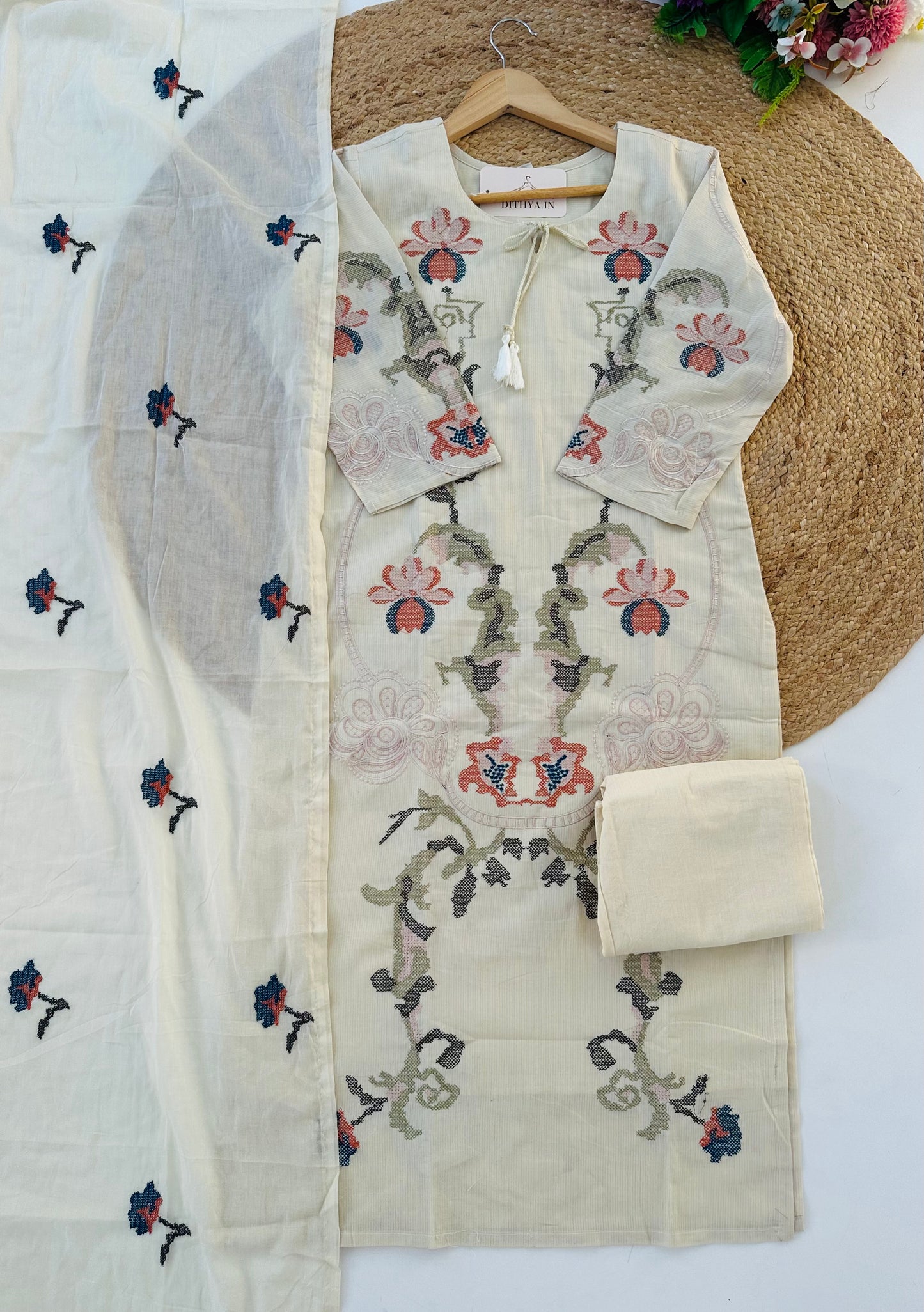 K658 - Mul cotton cross stitch straight Kurti with pants and dupatta