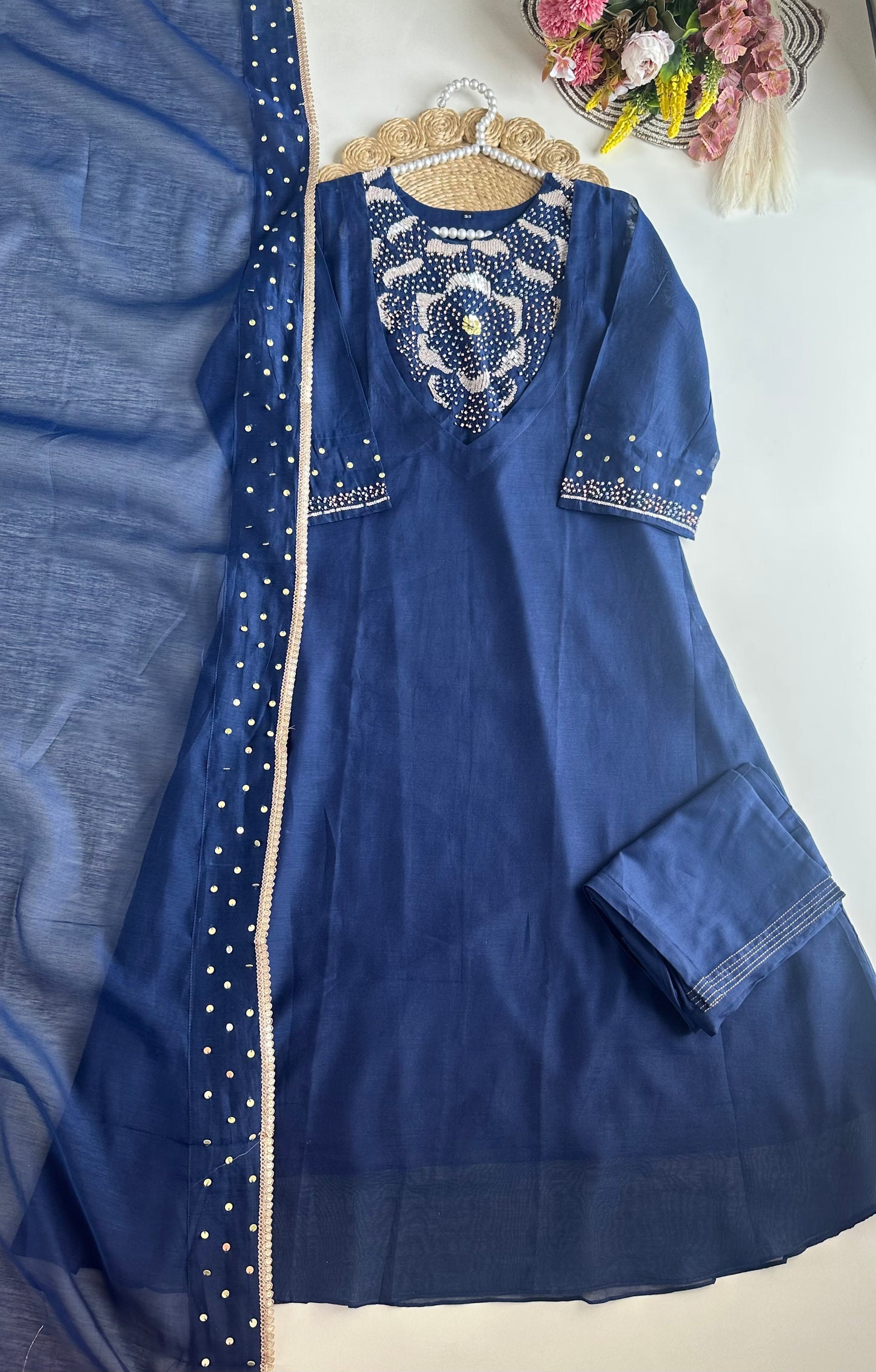 K032 - Pure mul Chanderi handwork Aline Kurti with pants and dupatta in 3 colours