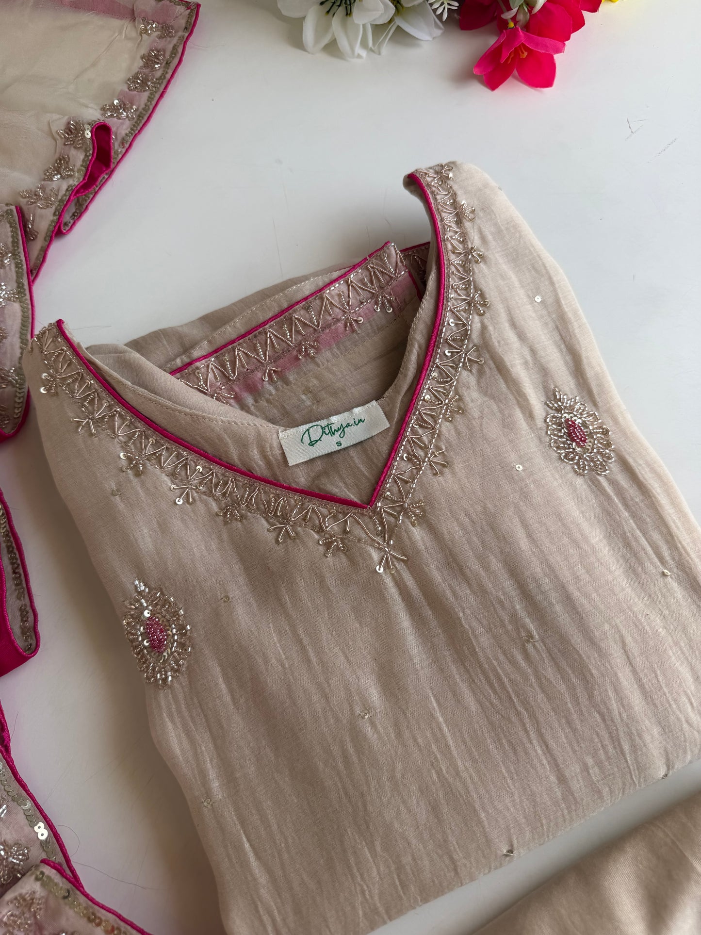 K281 - Mul chanderi handwork straight Kurti with pants and dupatta