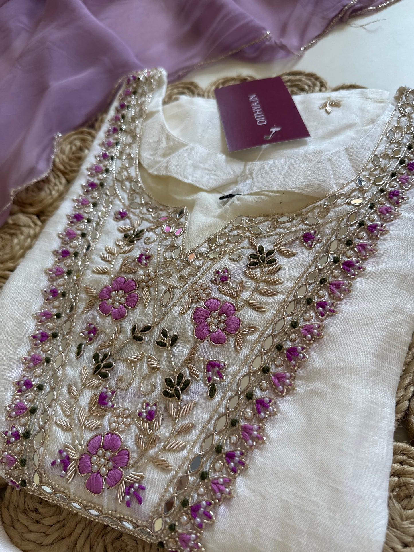 K174 - Russian silk handwork kurti with pants and viscose organza dupatta .