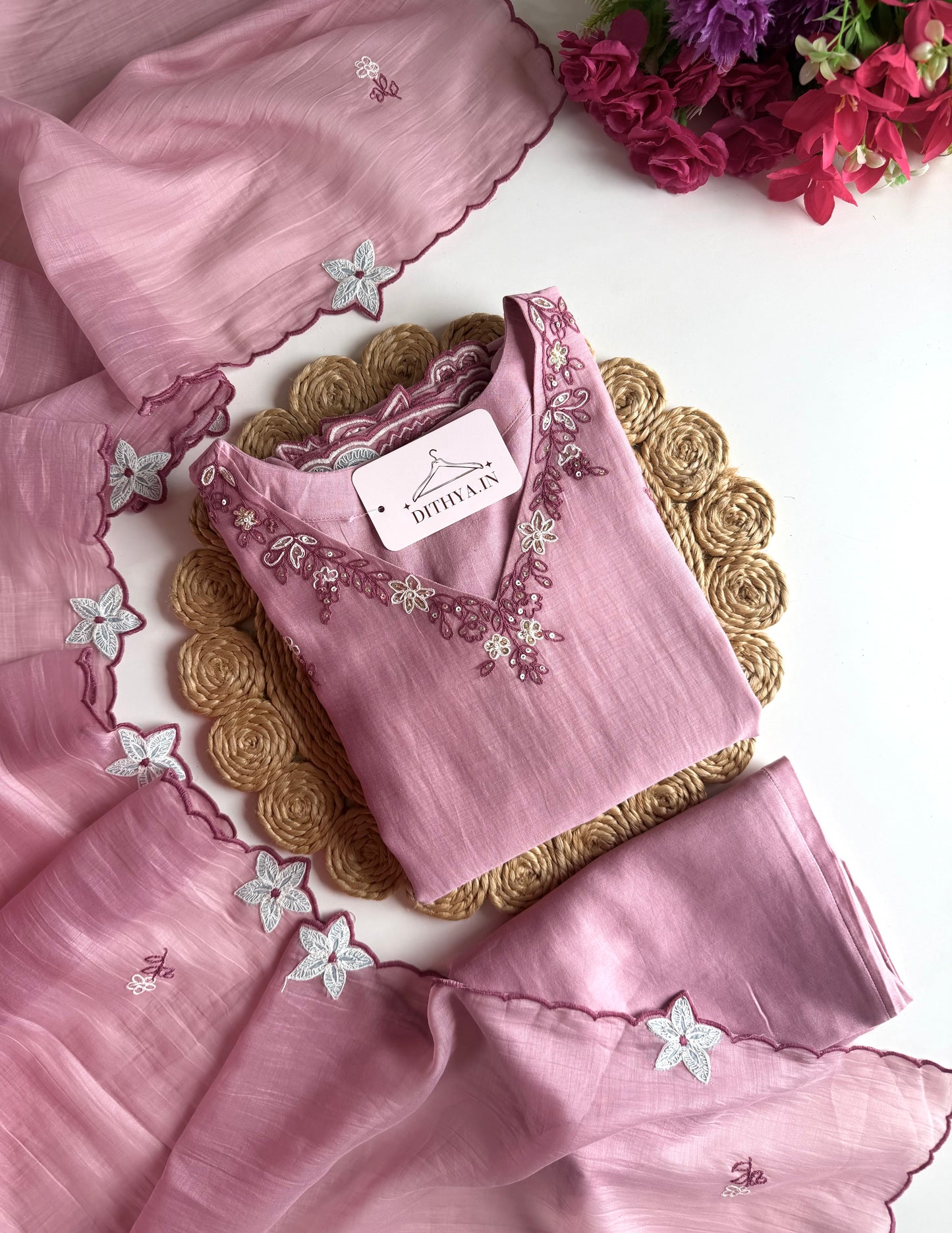 K541 - Mul chanderi handwork straight Kurti with pants and dupatta