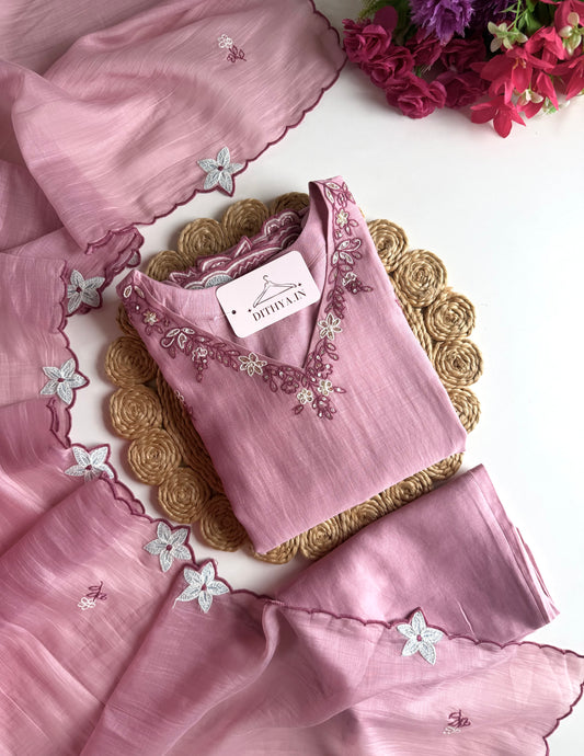 K541 - Mul chanderi handwork straight Kurti with pants and dupatta