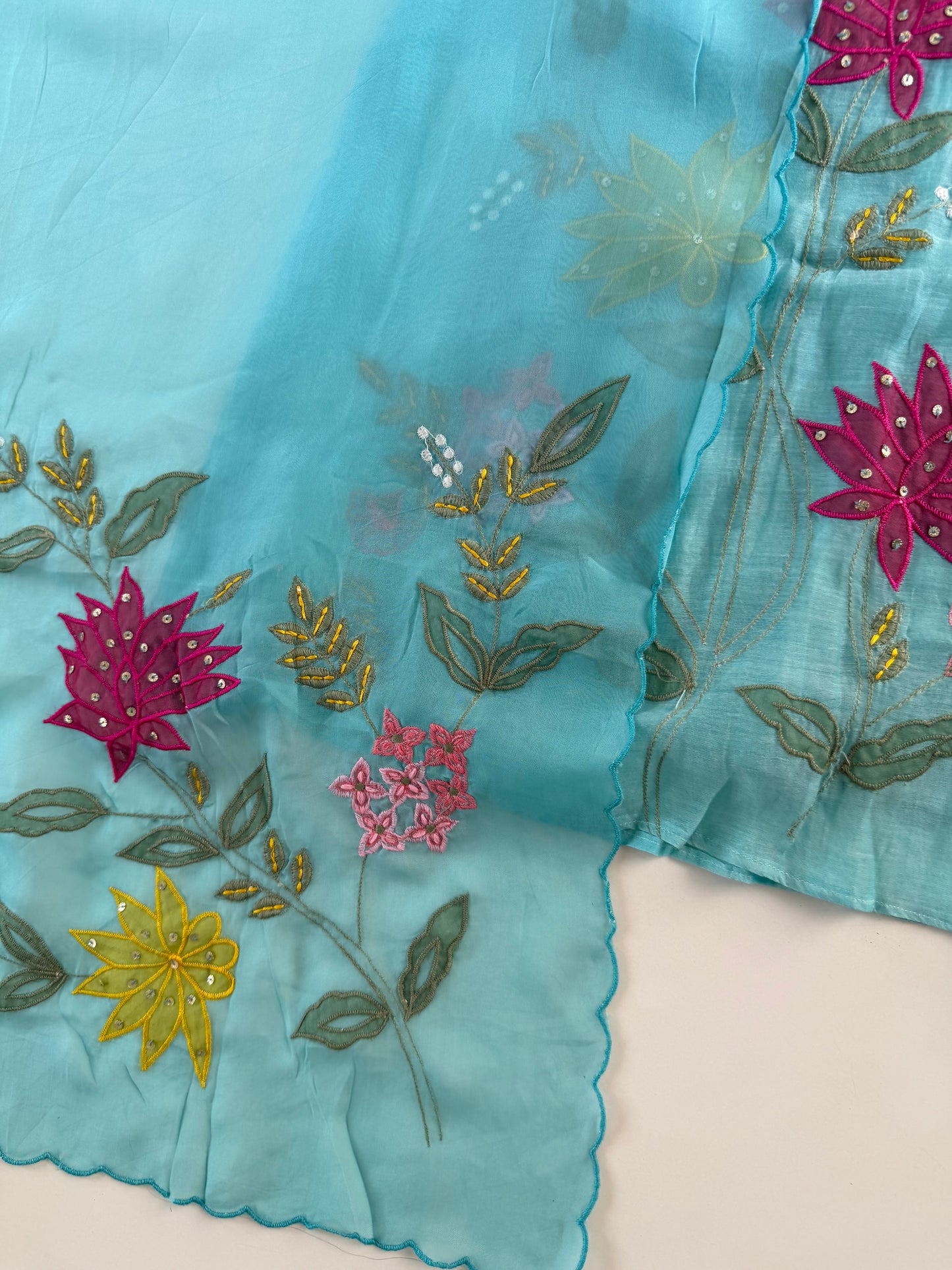 K589 - Mul chanderi appliqué embroidered Aline Kurti with pants and dupatta