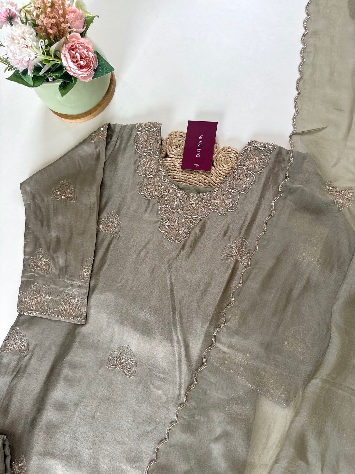 K116 - Shimmer Tissue silk zari work straight kurti with pants and georgette dupatta