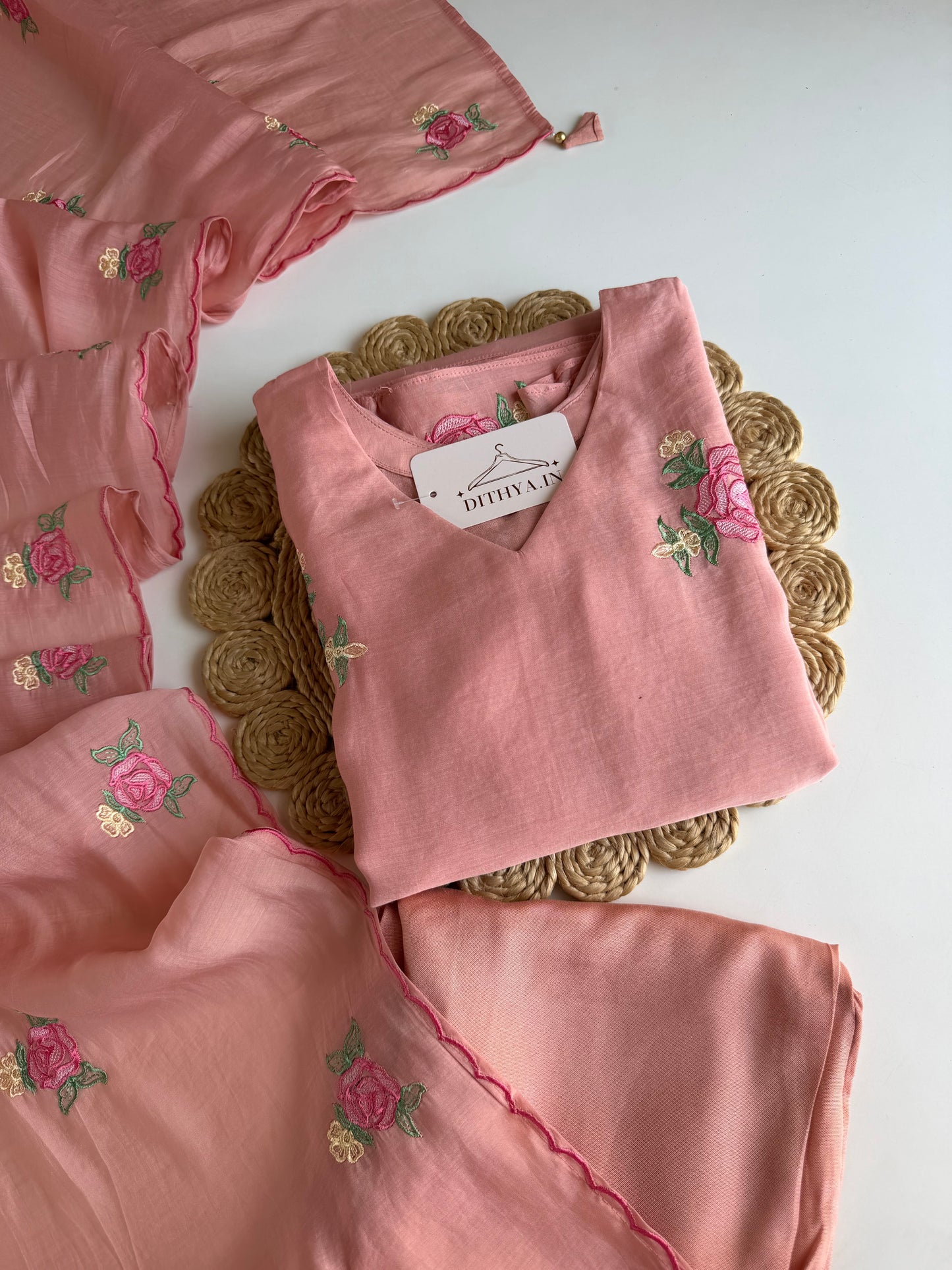 K648 - Surat Mul chanderi embroidered straight Kurti with pants and dupatta
