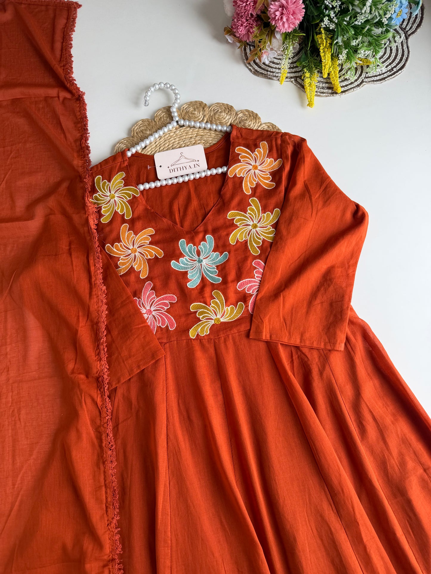 K667 - Mul cotton embroidered Anarkali with pants and dupatta