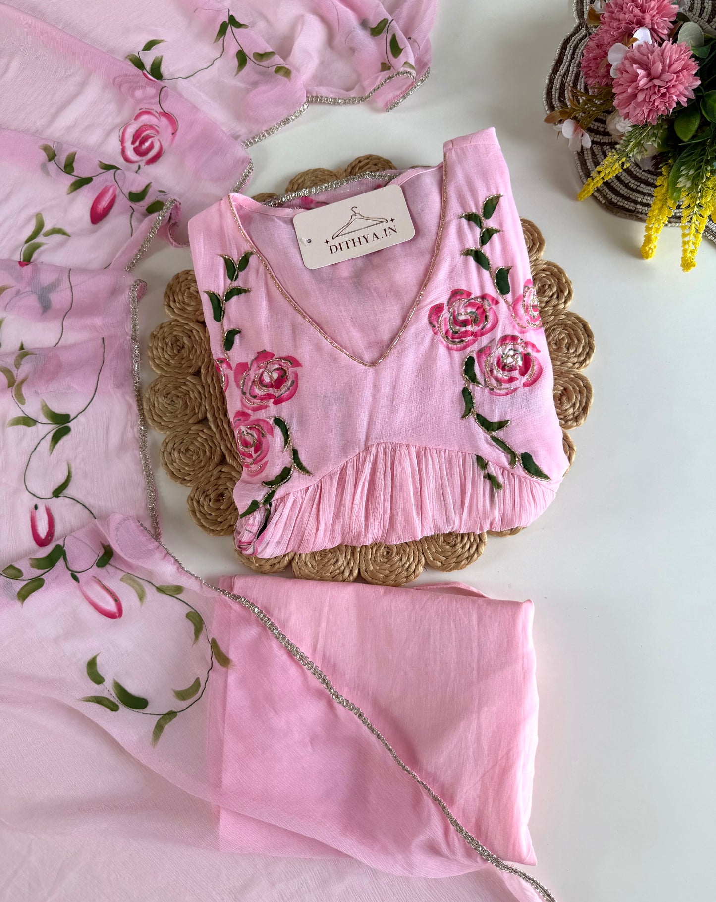 K428 - Pure Chinnon floral Anarkali with pants and dupatta