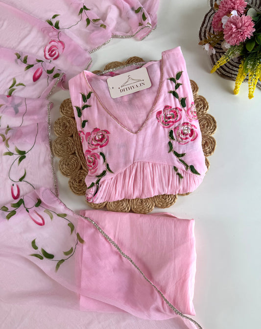 K428 - Pure Chinnon floral Anarkali with pants and dupatta