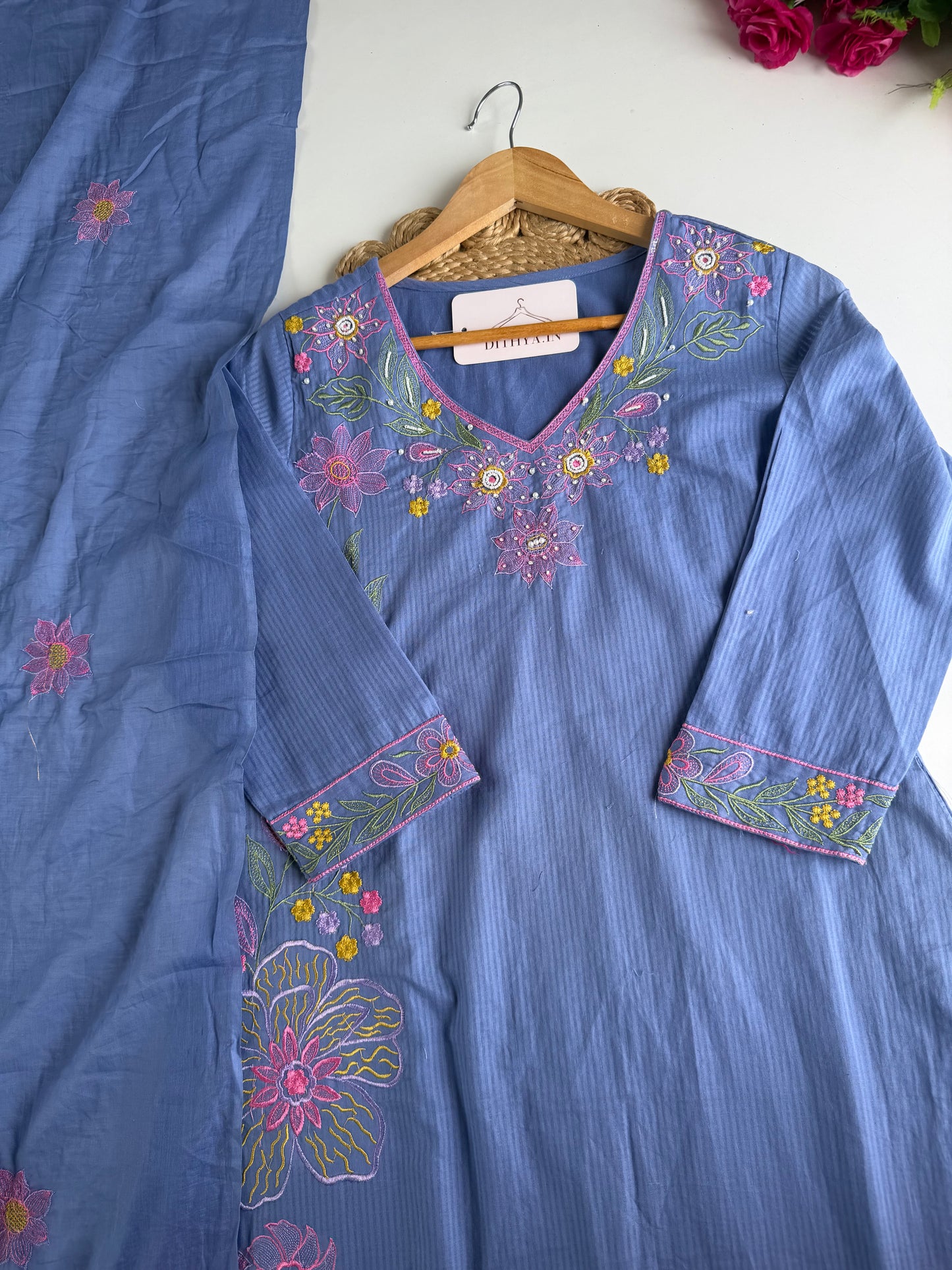 K235 - Mul cotton embroidered Aline Kurti with pants and dupatta