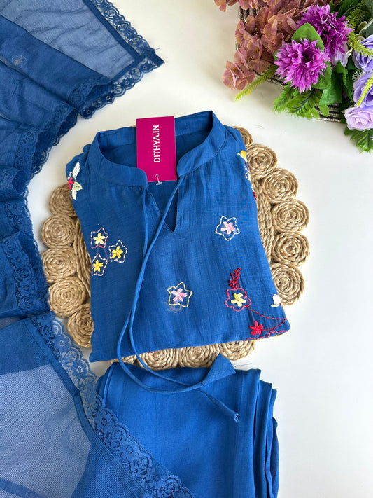 K231 - Mul Chanderi Appliqué work Aline Kurti with pants and dupatta