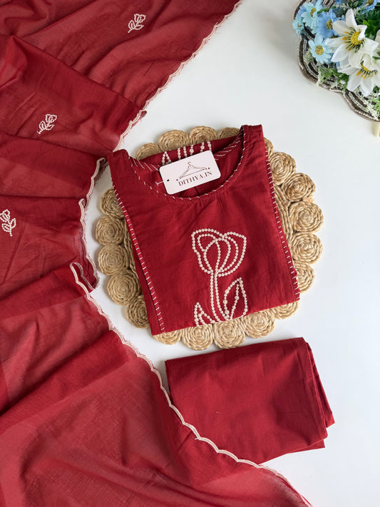 K106 - Mul cotton embroidered Aline Kurti with pants and dupatta