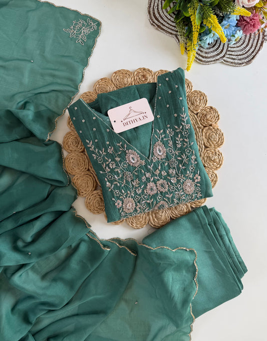 K540 - Mul chanderi handwork Anarkali with pants and dupatta