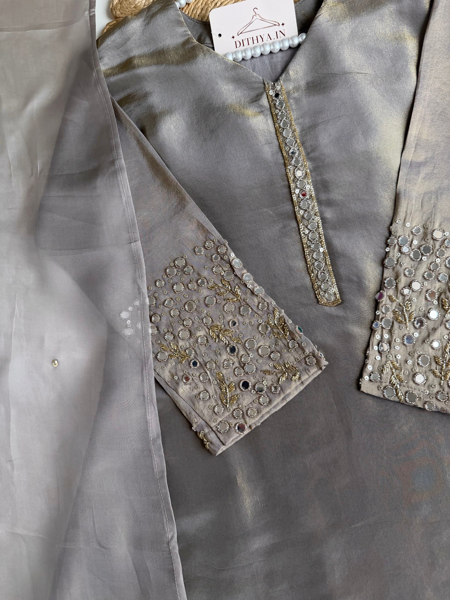 K121 - Tissue silk mirror work Anarkali with pants and dupatta