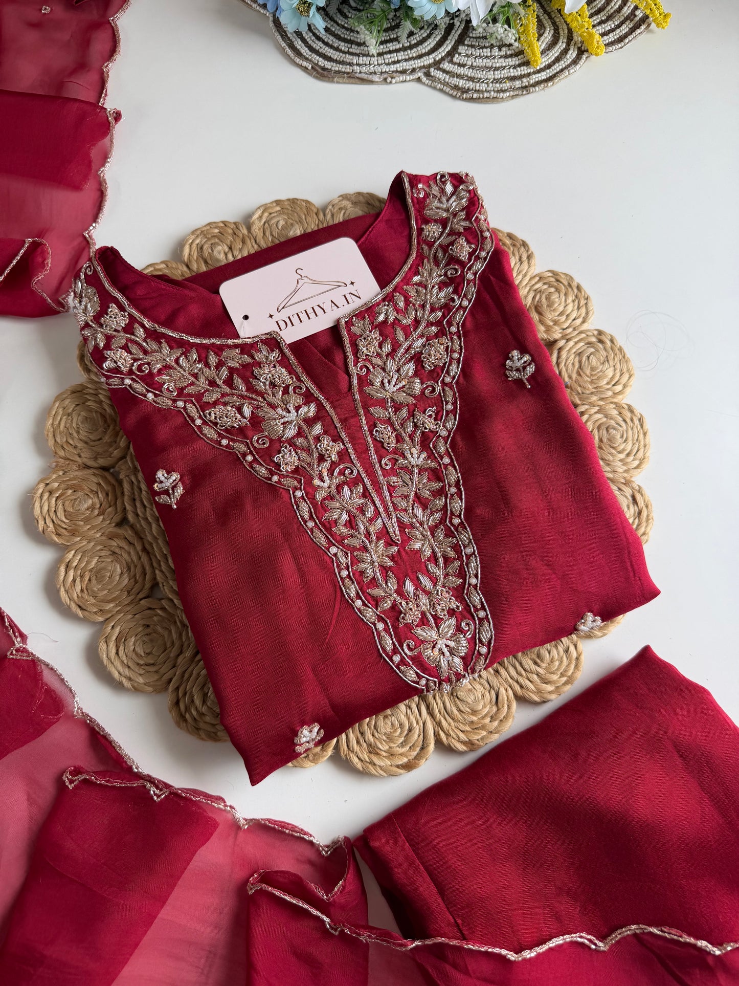 K206 - Russian silk handwork aline Kurti with pants and dupatta