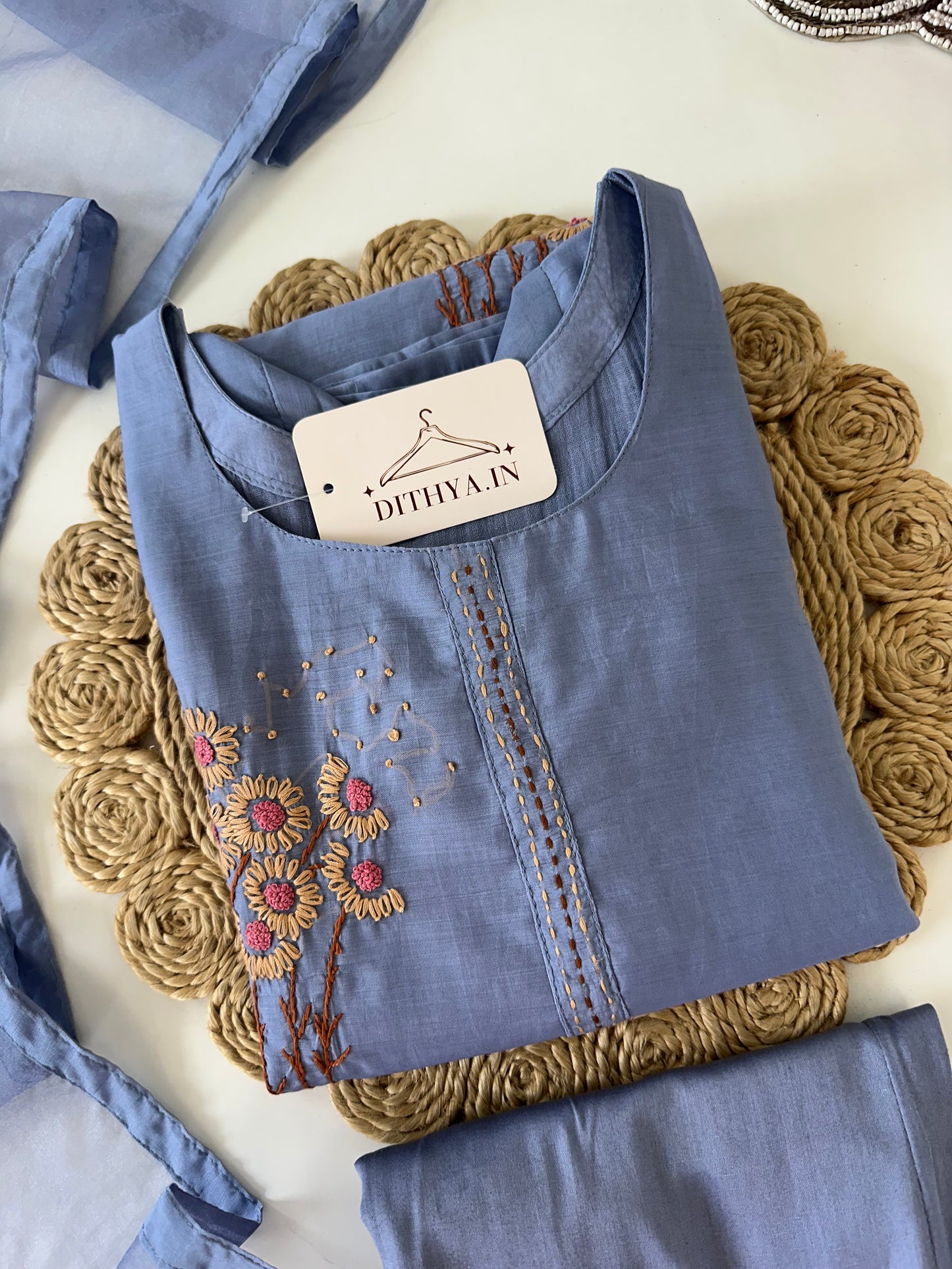 K213 - Mul cotton embroidered straight Kurti with pants and dupatta