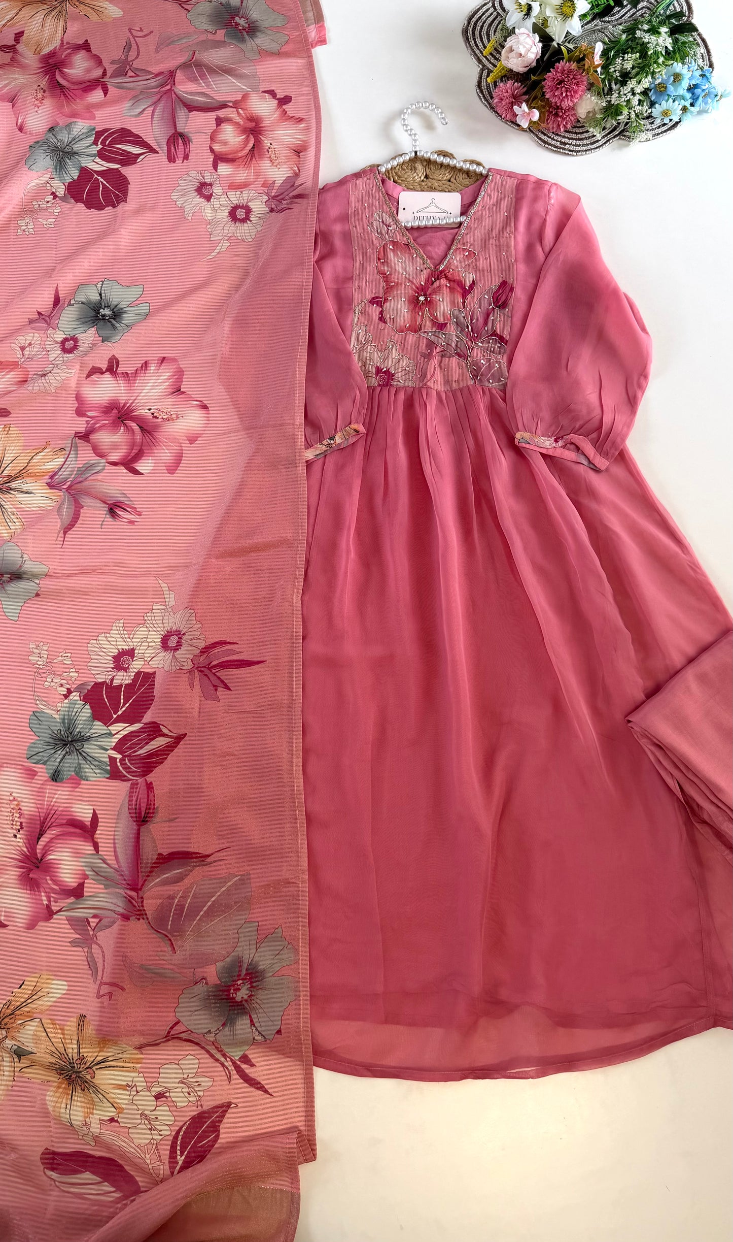 K614 - Viscose organza Floral Anarkali with pants and dupatta