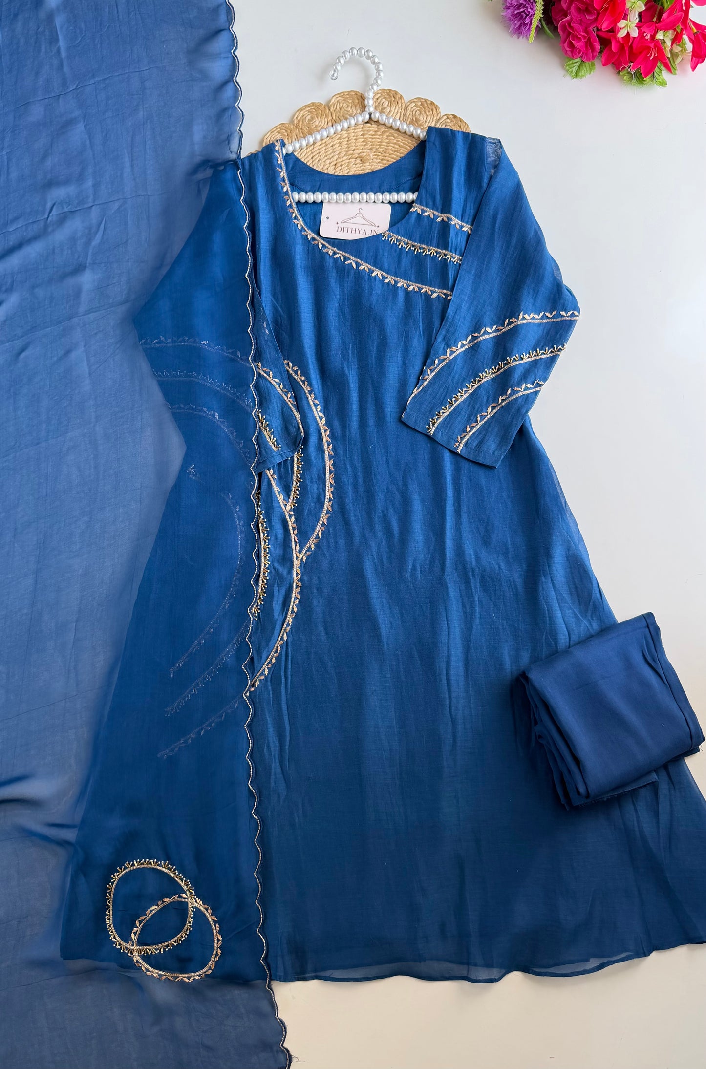 K063 - Mul chanderi cutdhana handwork Aline Kurti with pants and dupatta