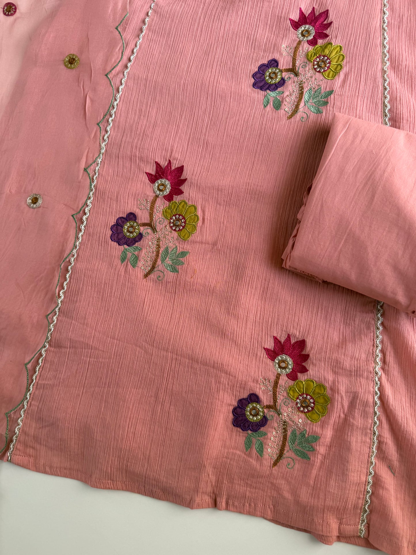 K539 - Crushed mul Chanderi embroidered Aline Kurti with pants and dupatta