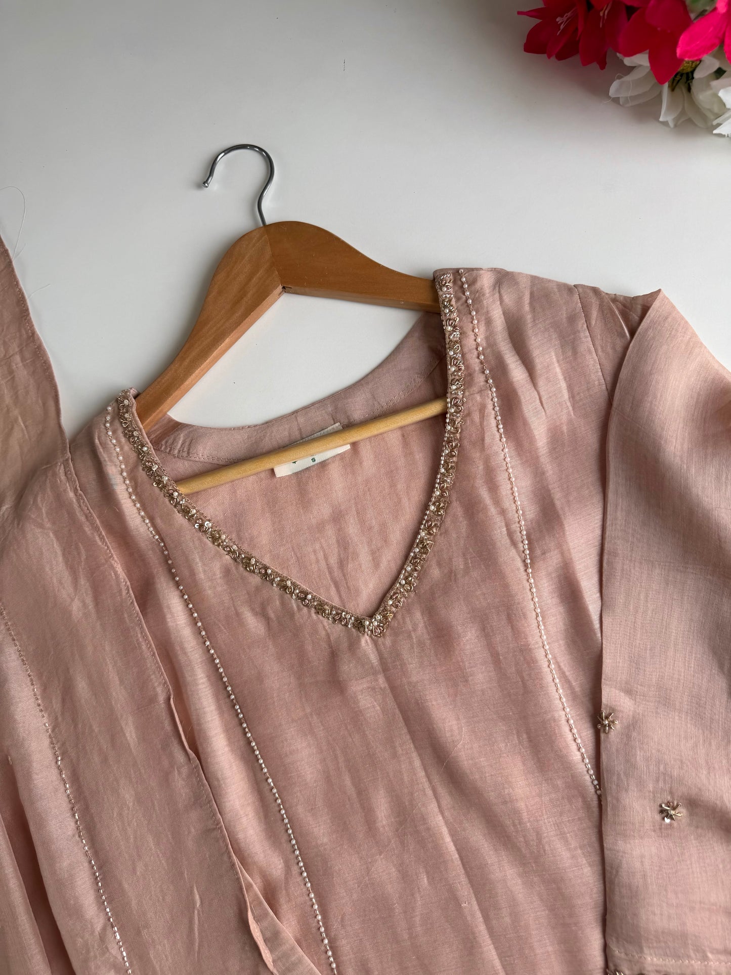 K131 - Mul chanderi handwork aline Kurti with pants and dupatta