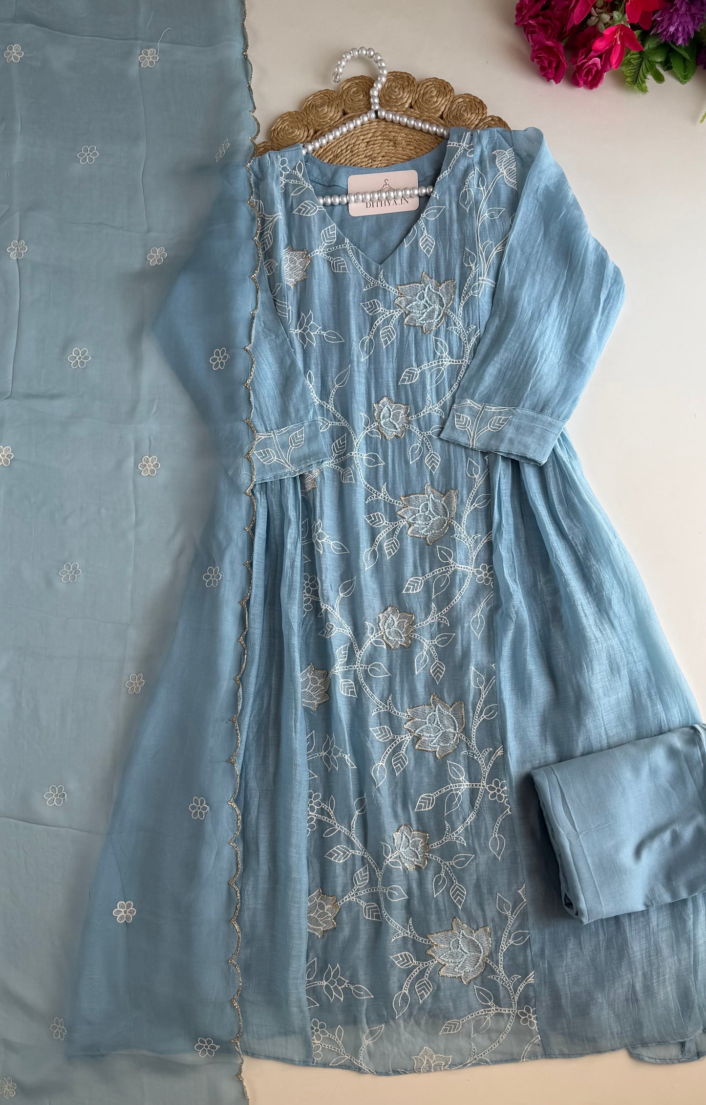 K735 - Mul chanderi embroidered Anarkali with pants and dupatta in 2 colours