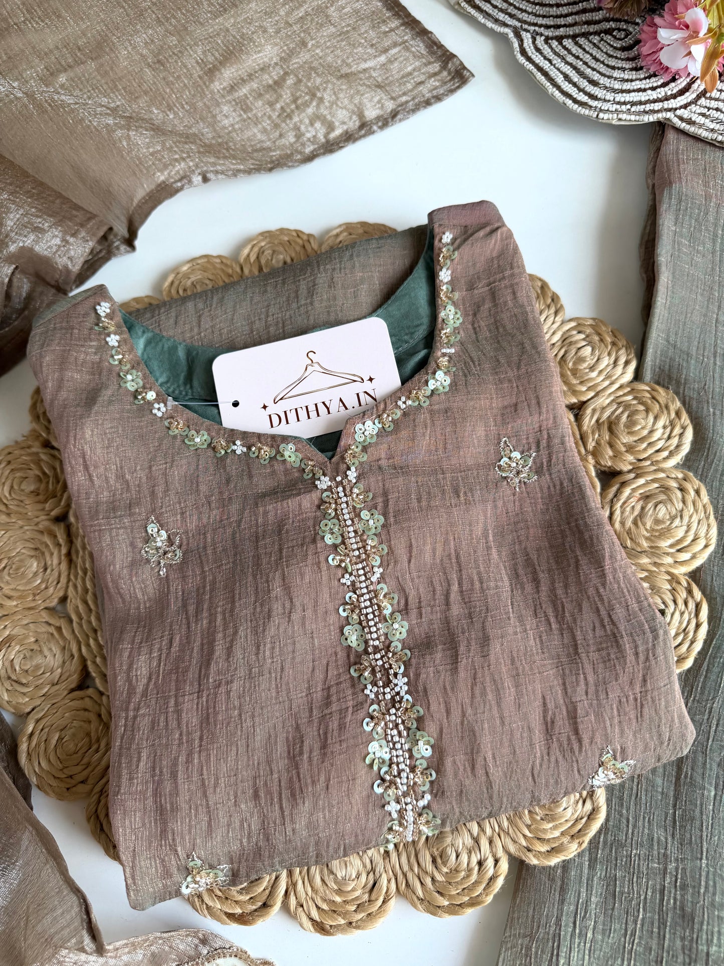 K069 - Crush tissue silk handwork short Kurti with divider pants and dupatta