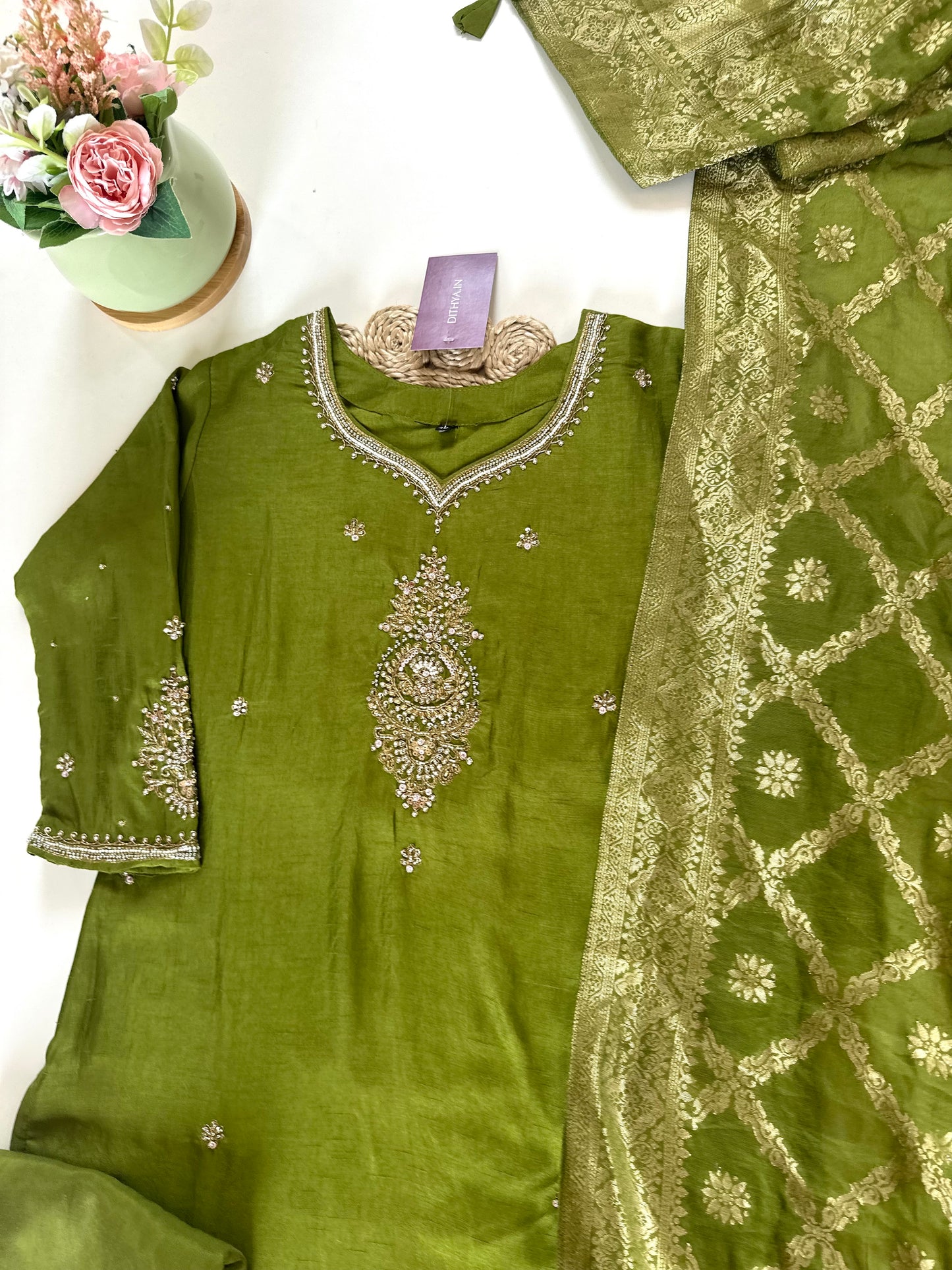 K037 - Russian silk Handwork straight kurti with pants and Banarasi silk dupatta .