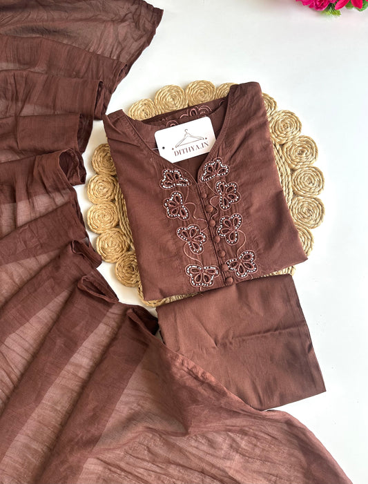K731 - Mul cotton cut work straight Kurti with pants and dupatta