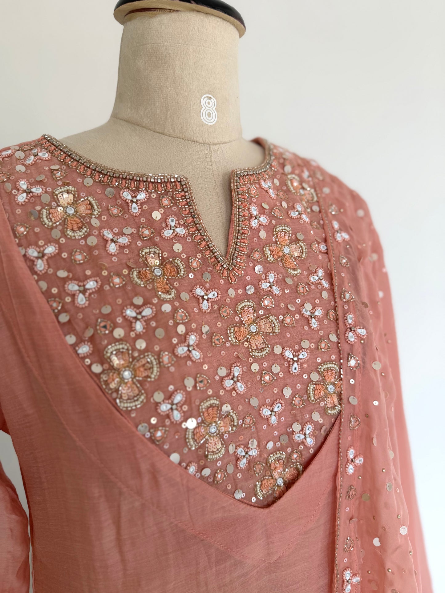 K287 - Mul chanderi handwork aline Kurti with pants and dupatta