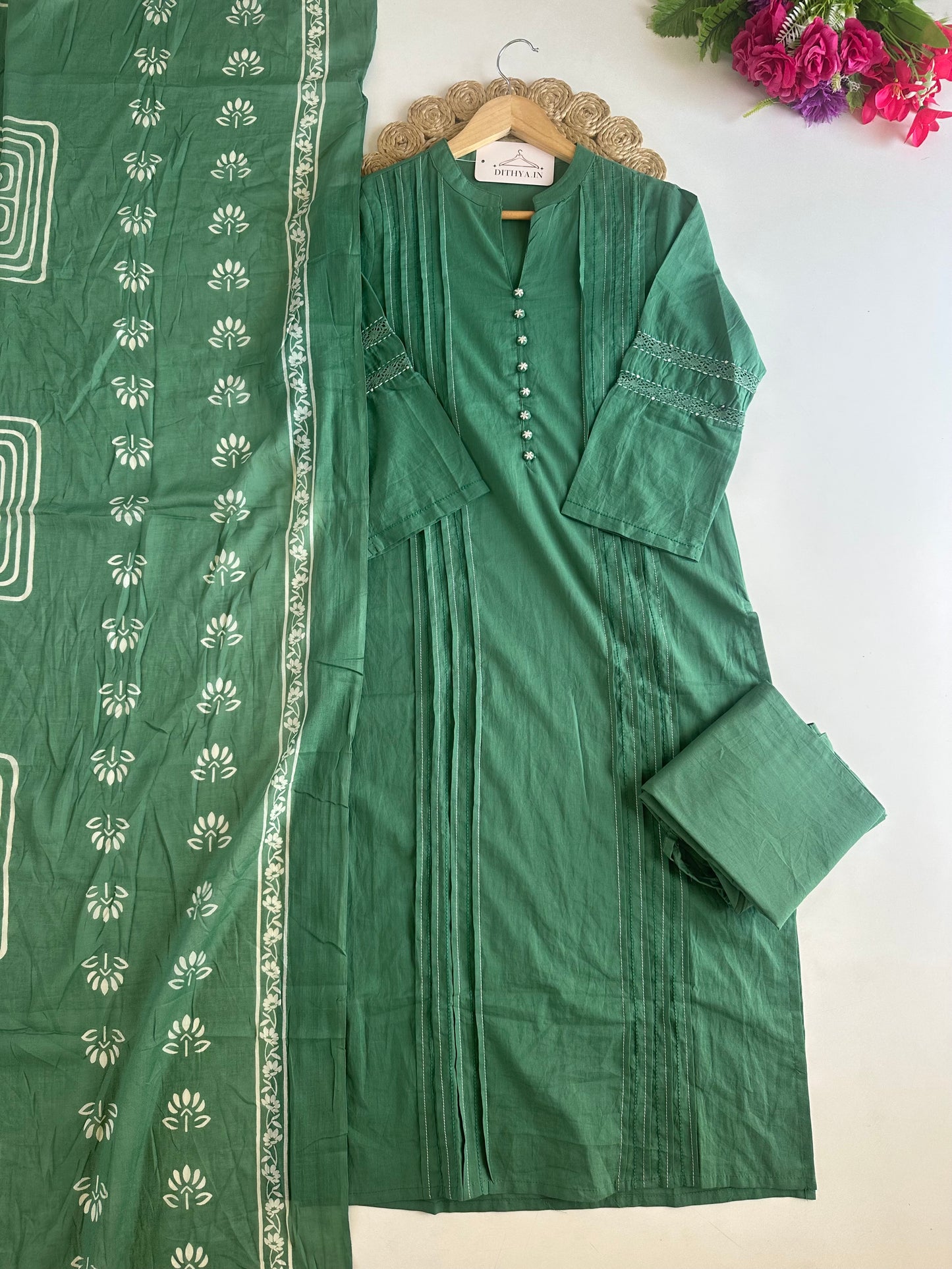 K213 - Mul cotton embroidered Aline Kurti with pants and dupatta