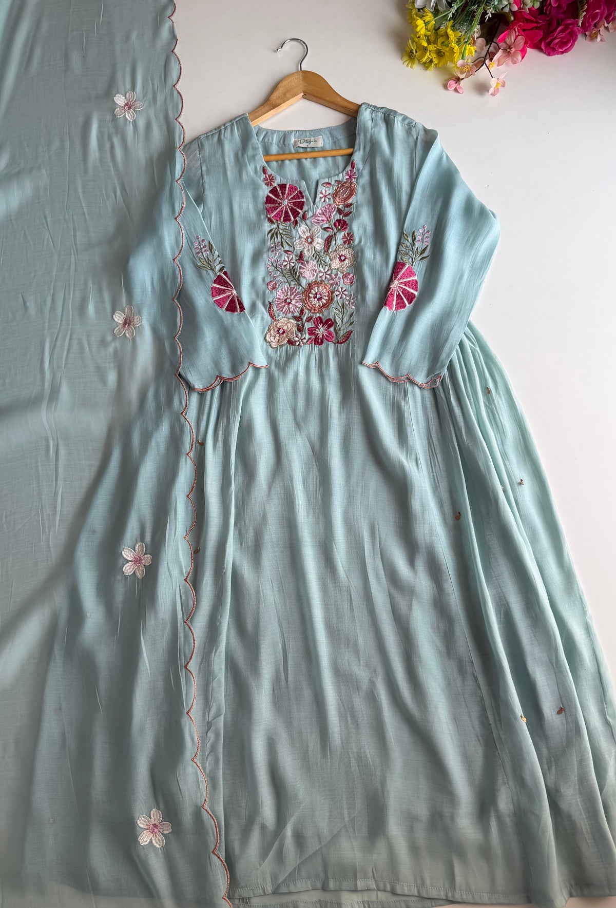 K674 - Surat mul chanderi hand embroidered Anarkali with pants and dupatta