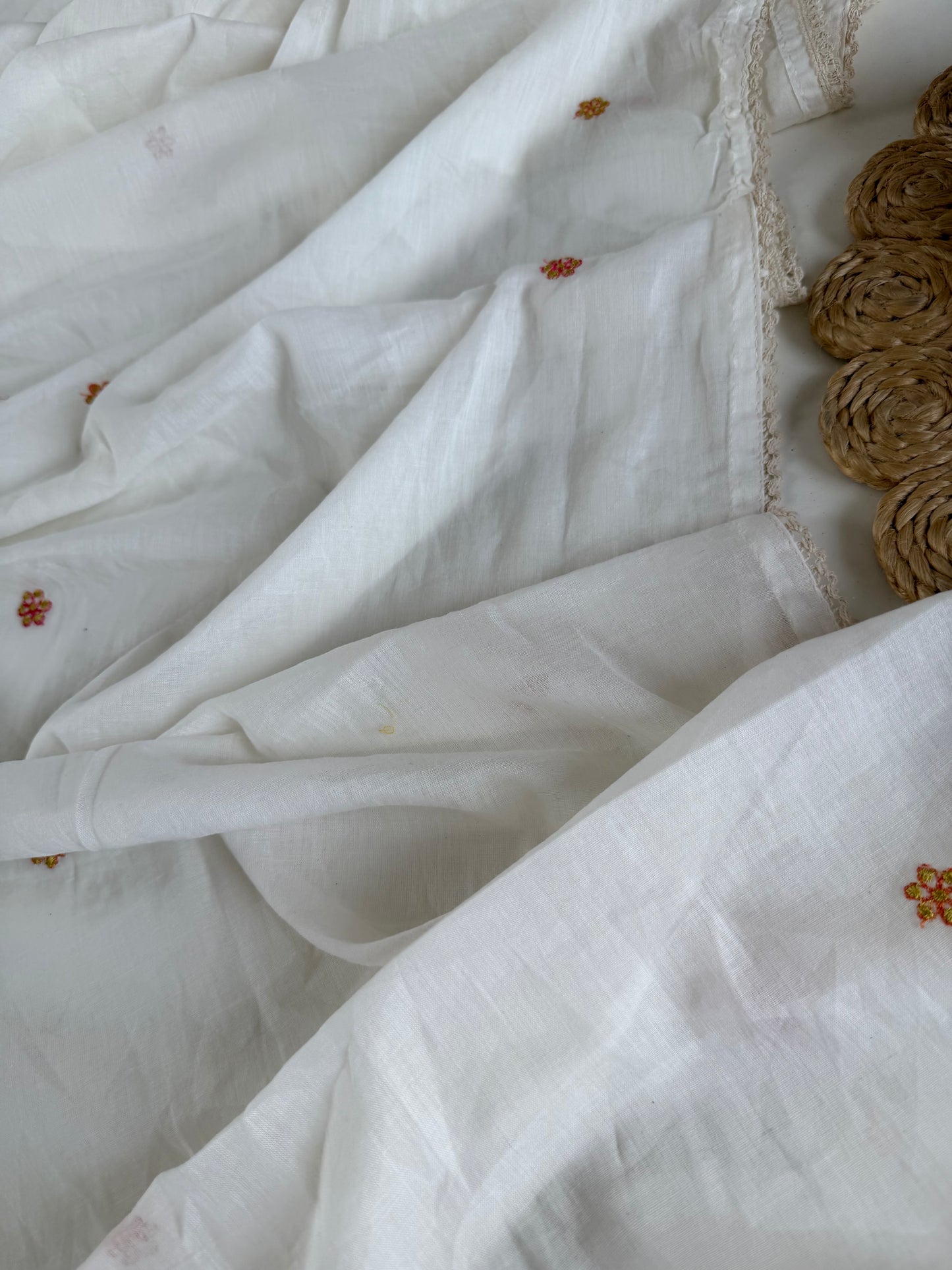 K629 - Mul cotton embroidered Aline Kurti with pants and dupatta